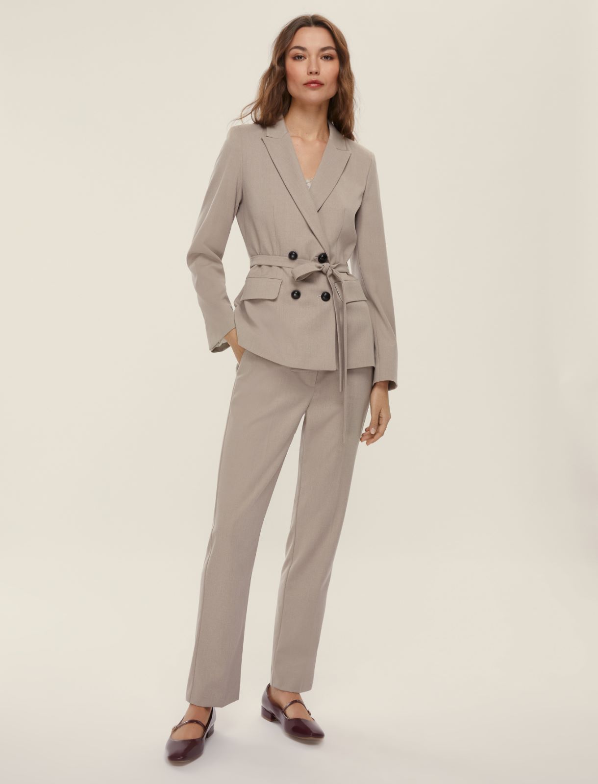 Blazer doppiopetto in flanella con cintura - SABBIA - Emme