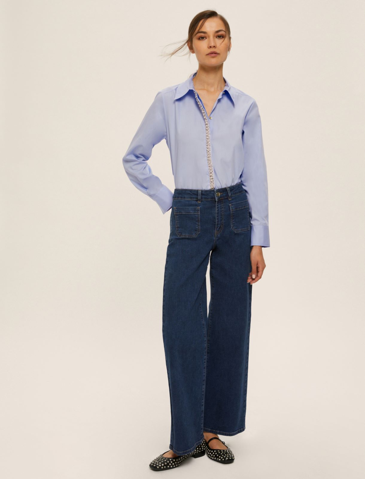 Poplin shirt with pearl and rhinestone detail - LIGHT BLUE - Emme