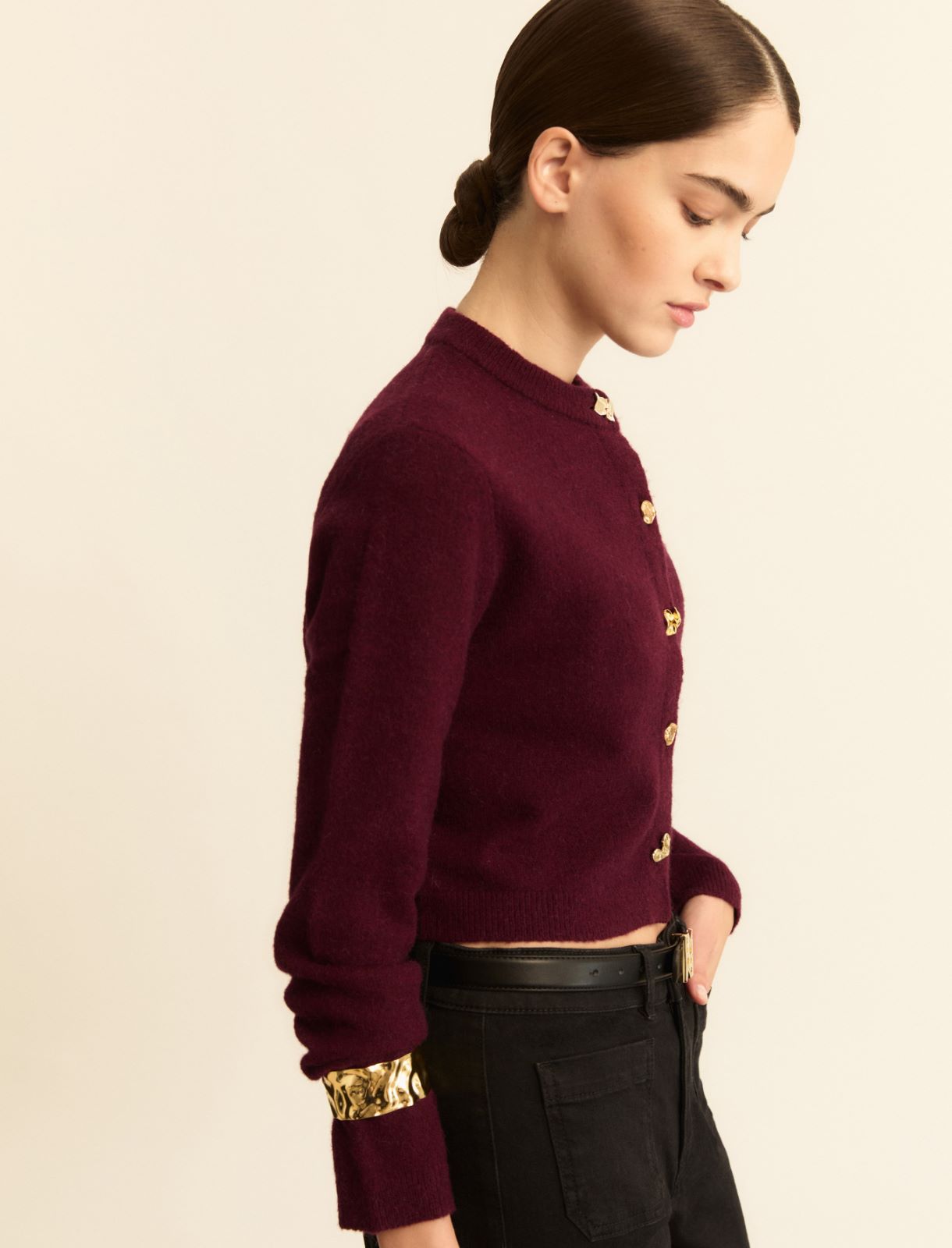 Short cardigan with bejewelled button detail - BORDEAUX - Emme - 3