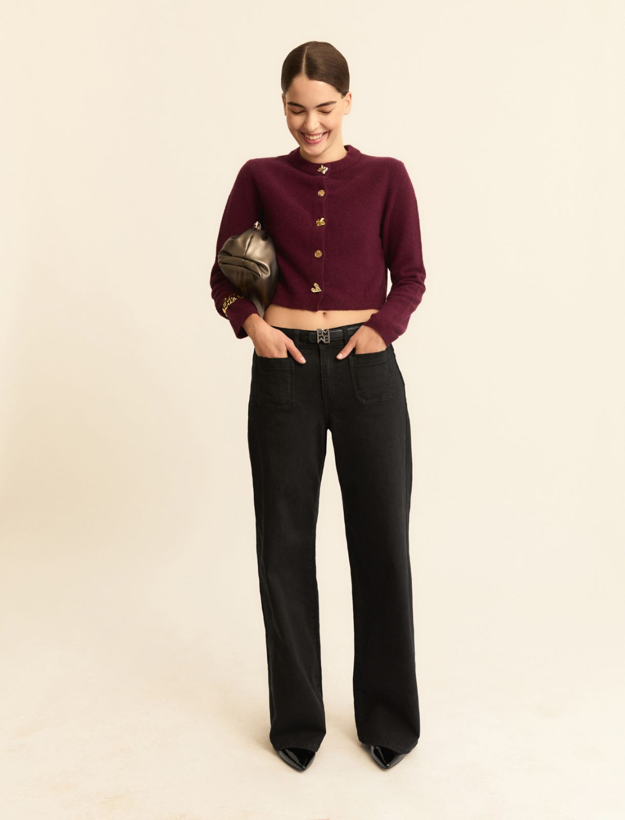 Short cardigan with bejewelled button detail - BORDEAUX - Emme