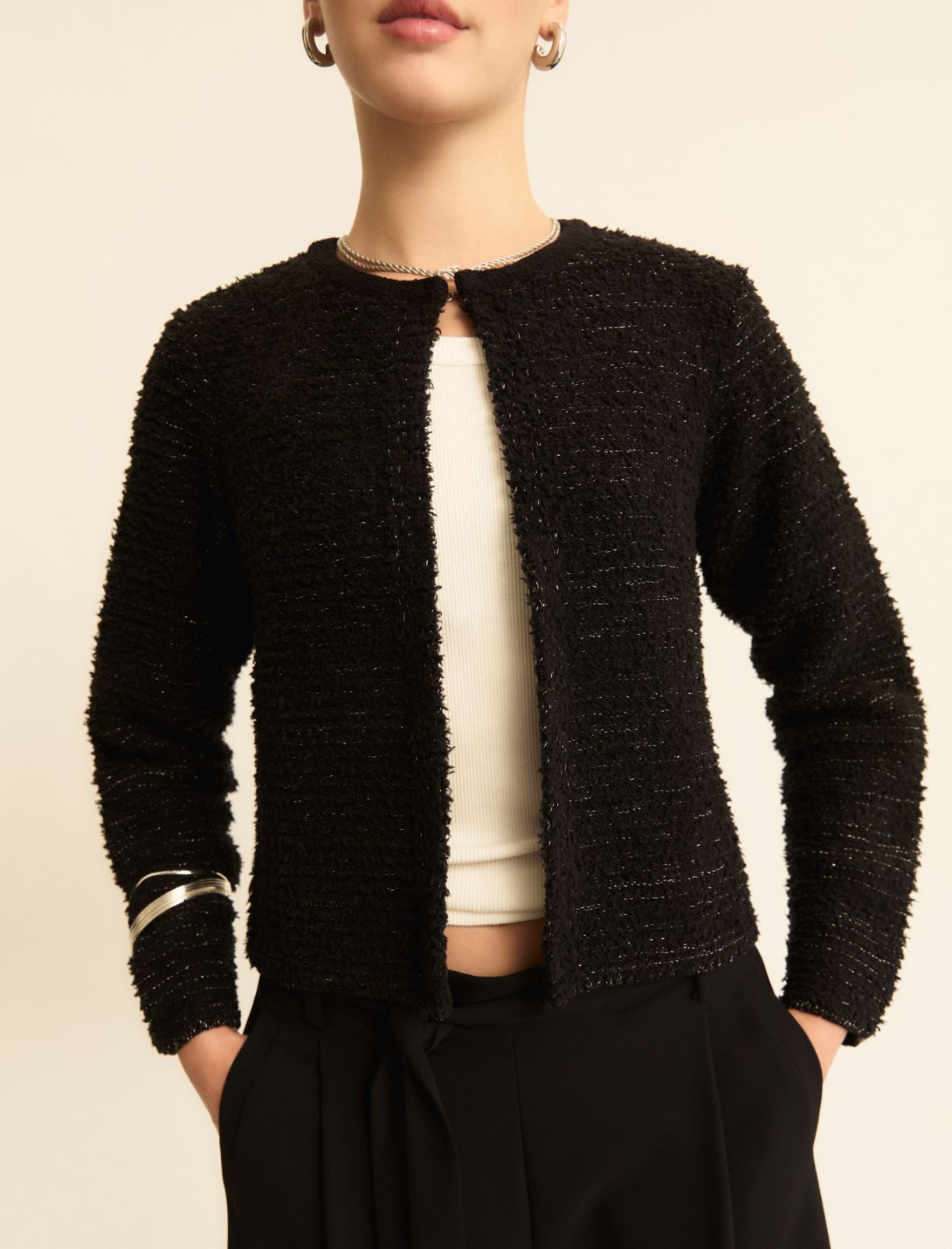 Lurex-adorned short open-front jacket - BLACK - Emme - 3