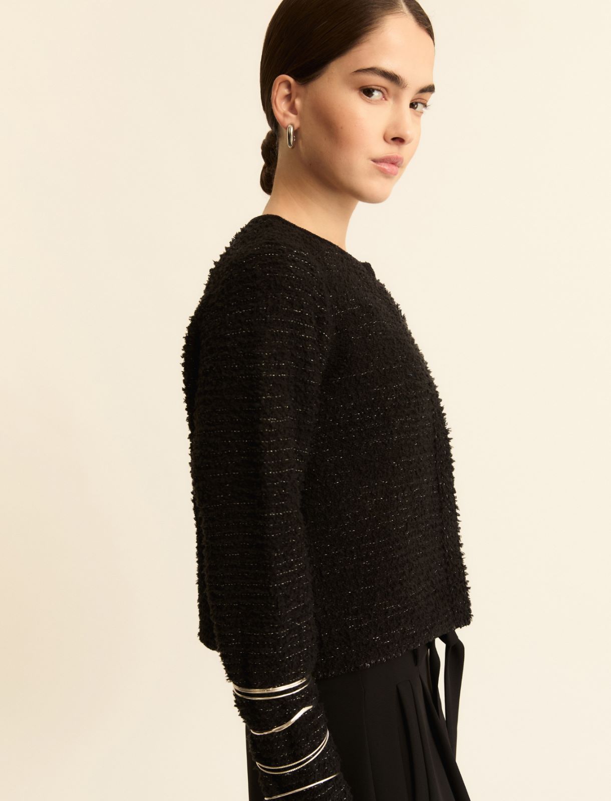 Lurex-adorned short open-front jacket - BLACK - Emme - 5