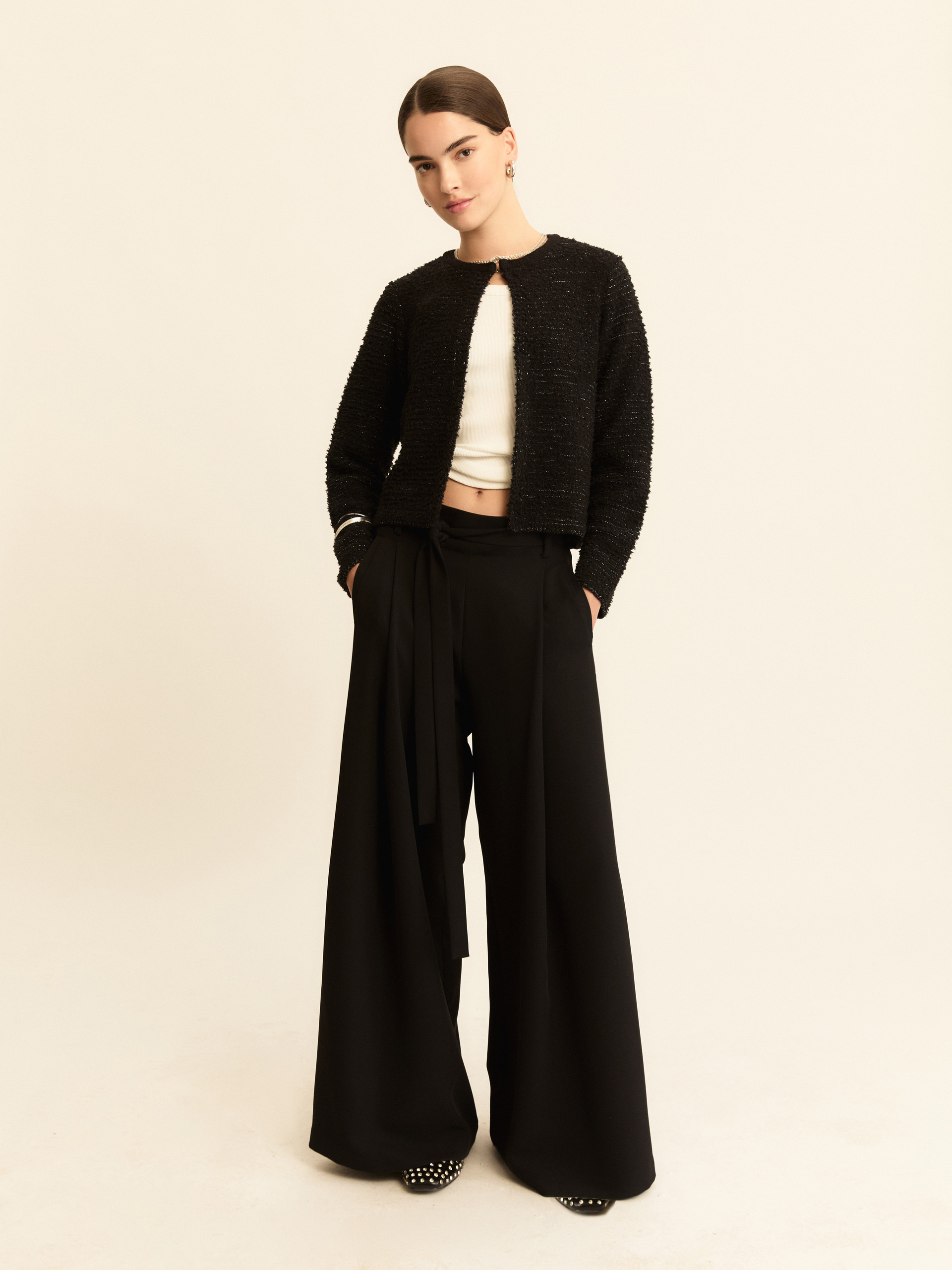 Lurex-adorned short open-front jacket - BLACK - Emme - 1