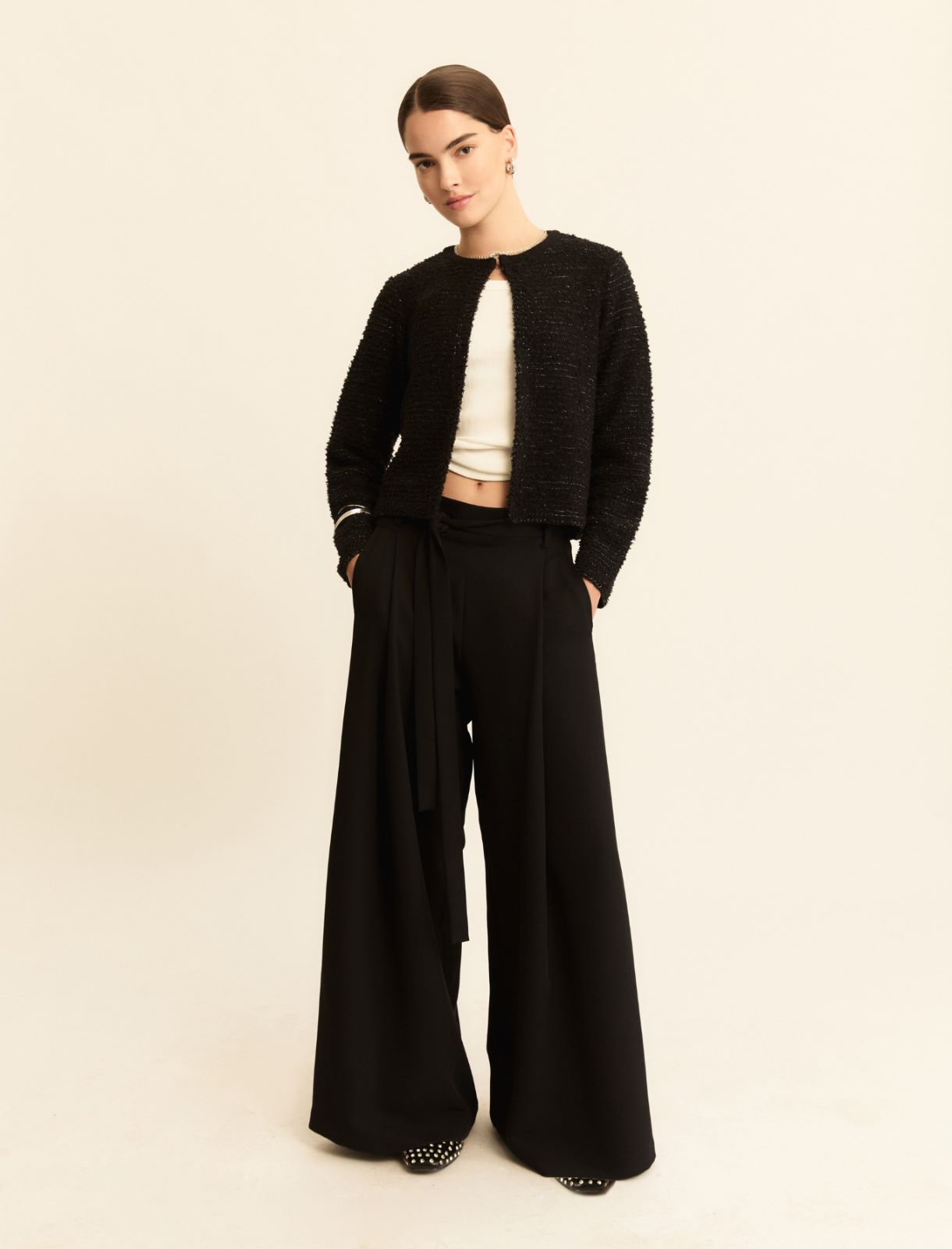 Lurex-adorned short open-front jacket - BLACK - Emme