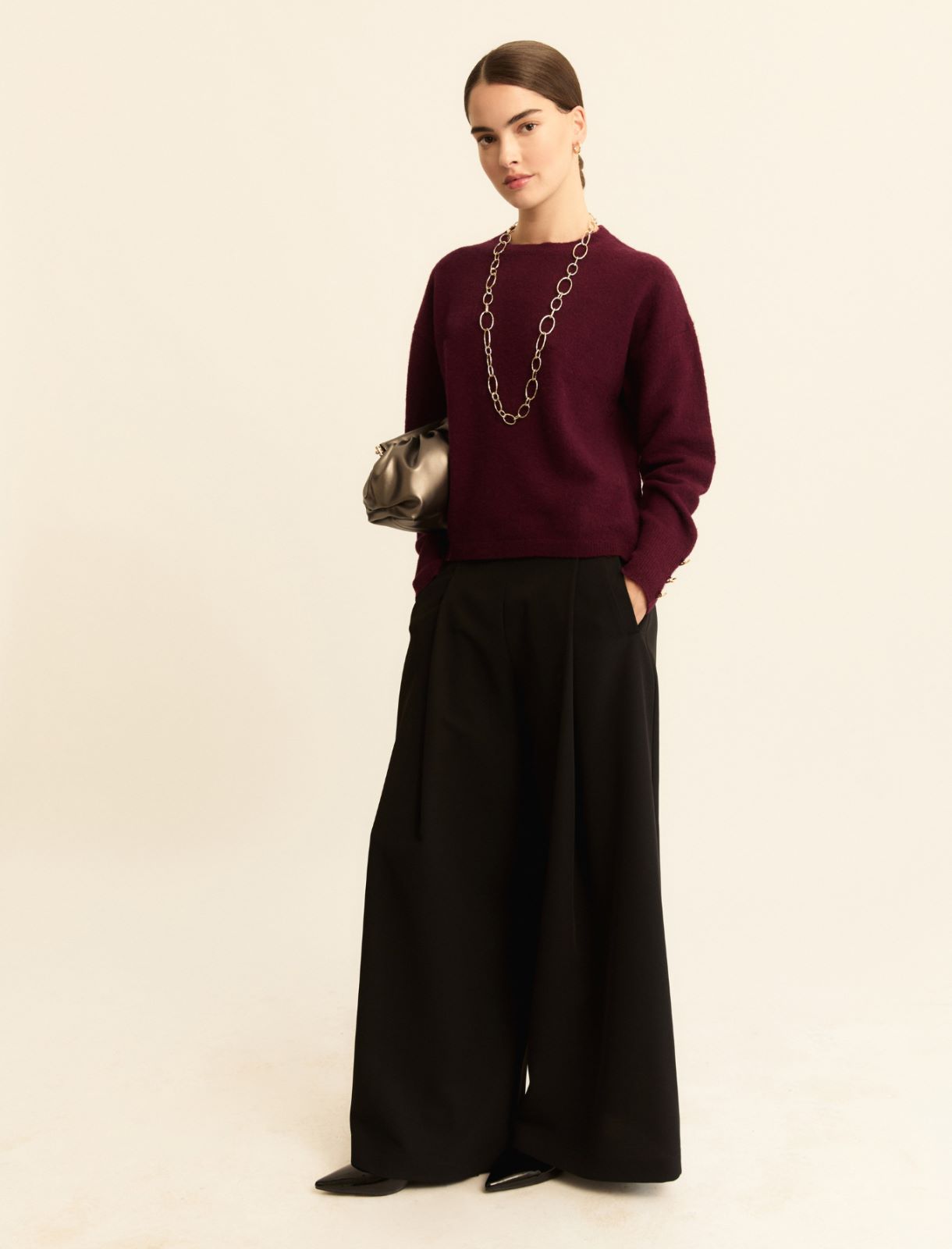 Alpaca-blend sweater with bejewelled button detail - BORDEAUX - Emme