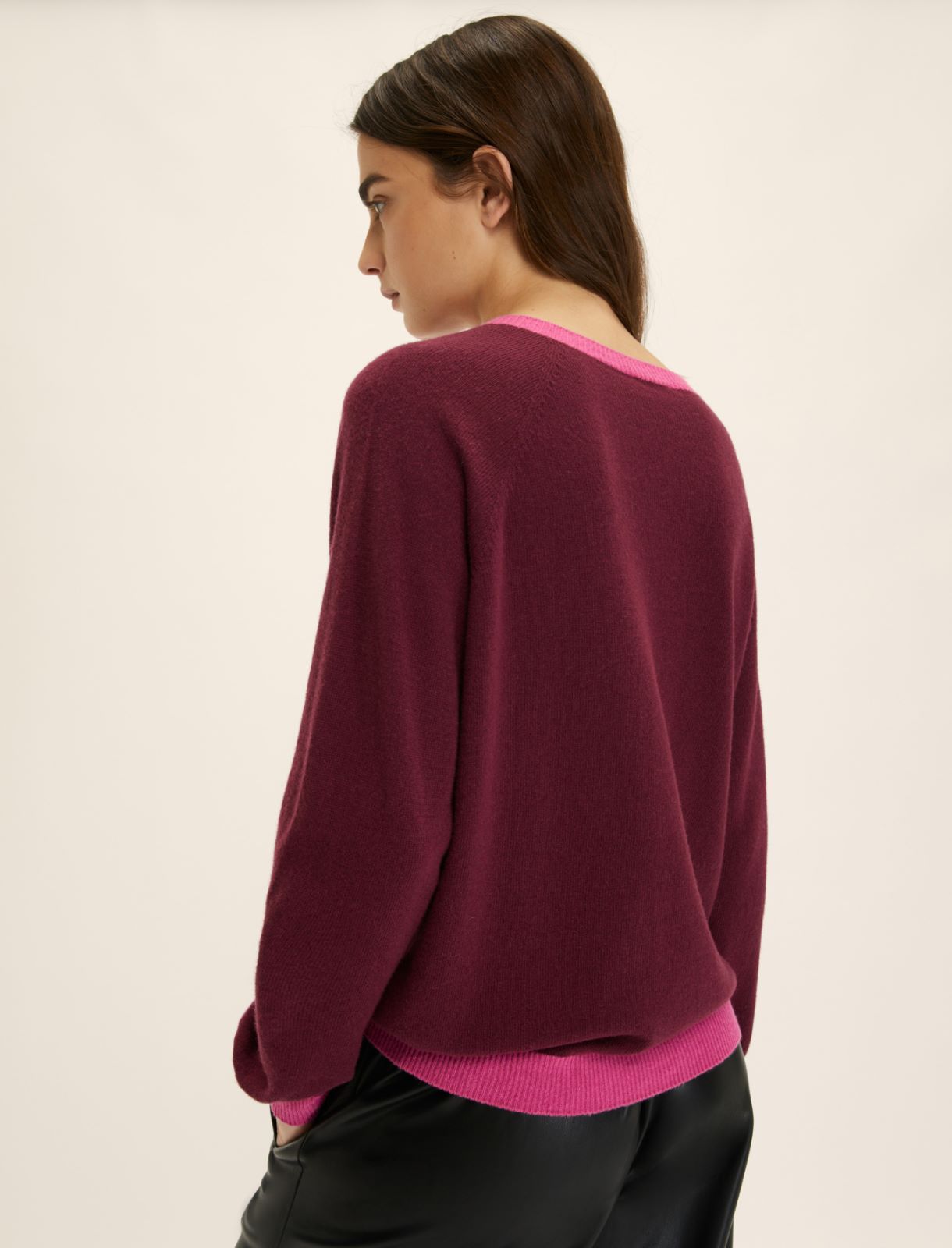 Cashmere-blend sweater with contrasting trim detail - BORDEAUX - Emme - 3