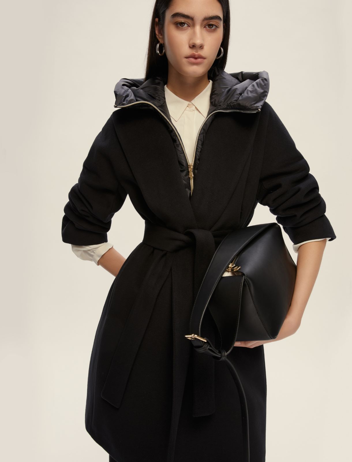 Soft cloth coat with removable hood - BLACK - Emme - 3