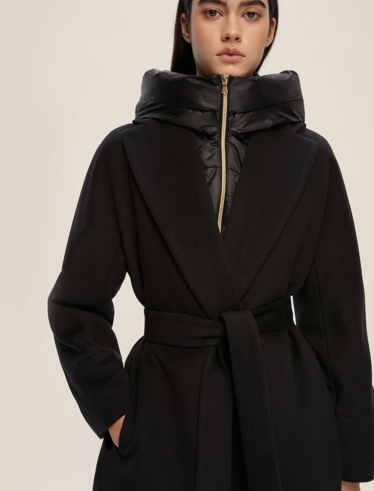 Soft cloth coat with removable hood - BLACK - Emme - 4