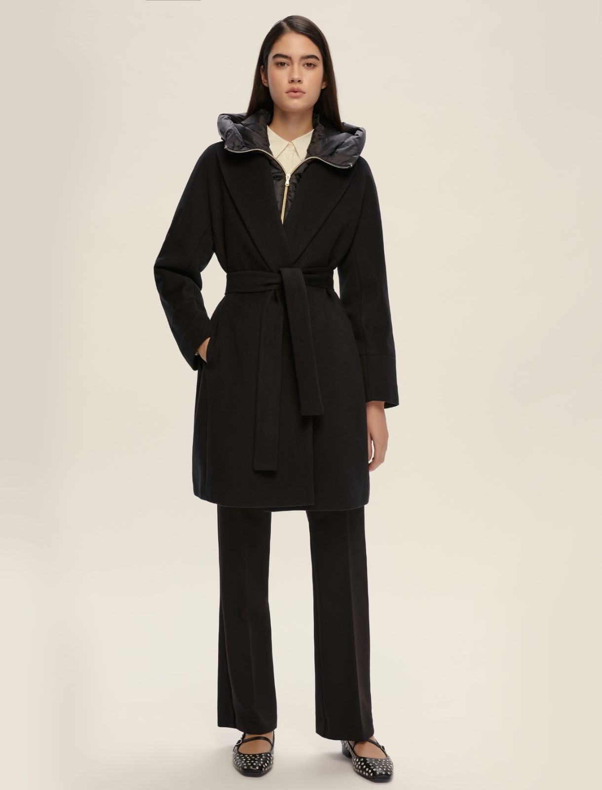 Soft cloth coat with removable hood - BLACK - Emme