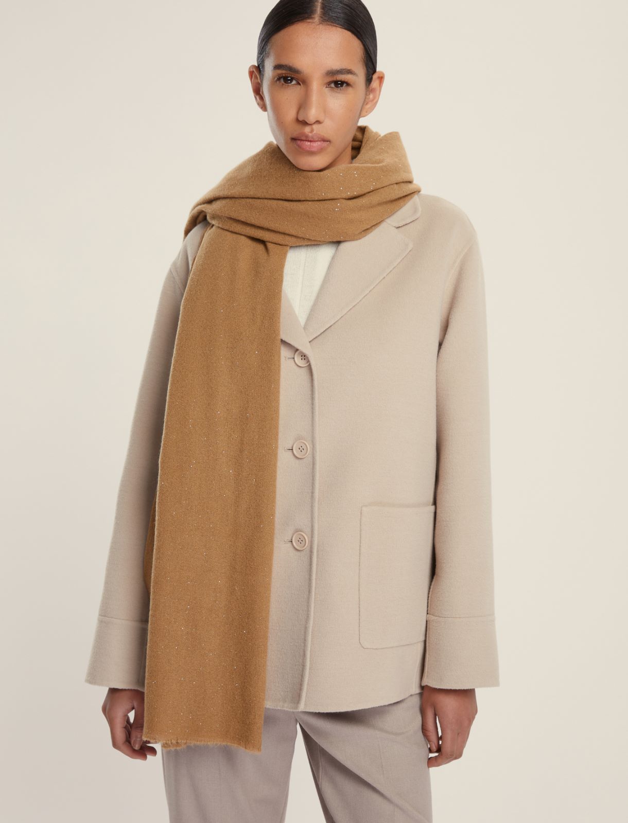 Lurex yarn-embellished fringed stole - CAMEL - Emme