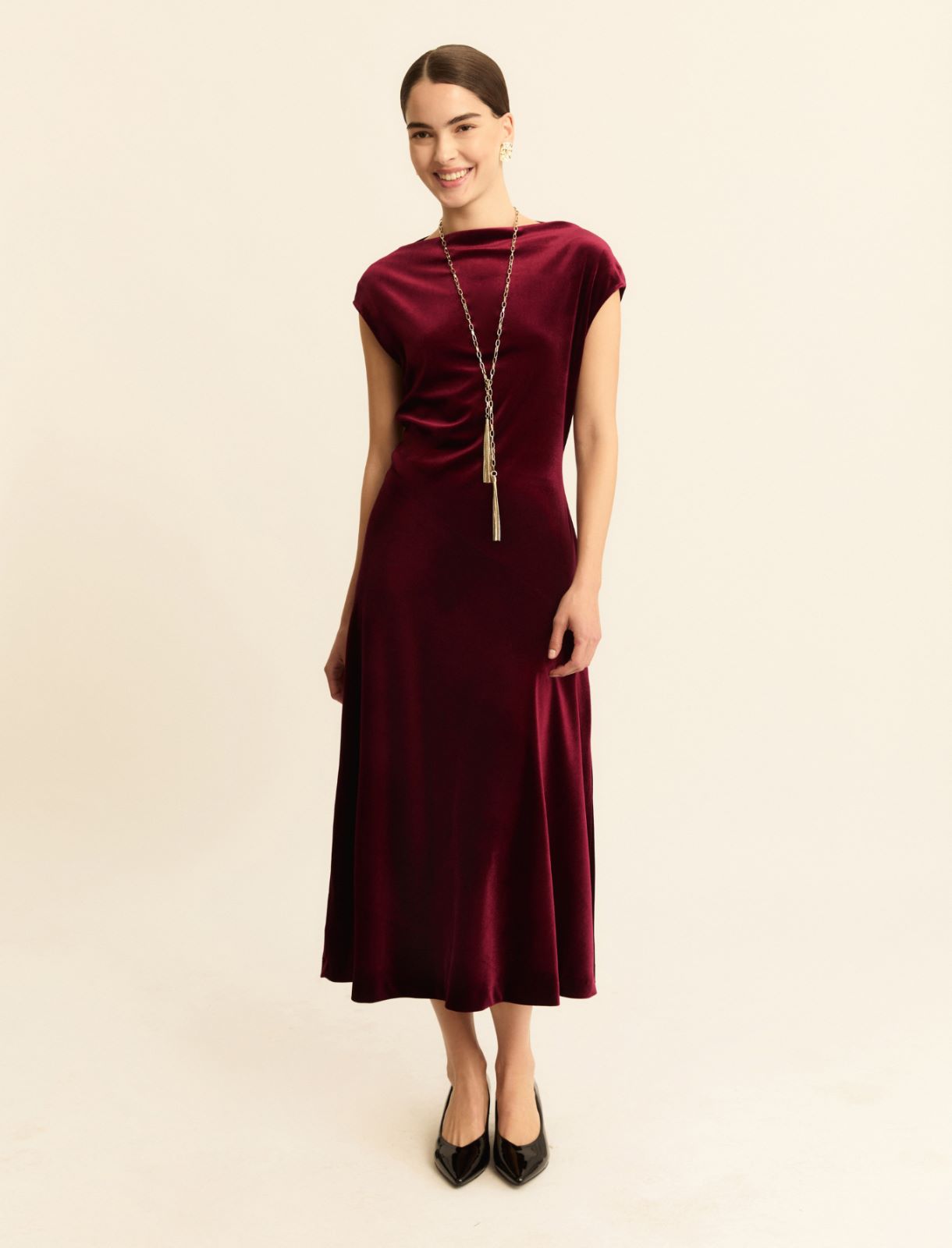 Stretch velvet midi dress - BORDEAUX - Emme