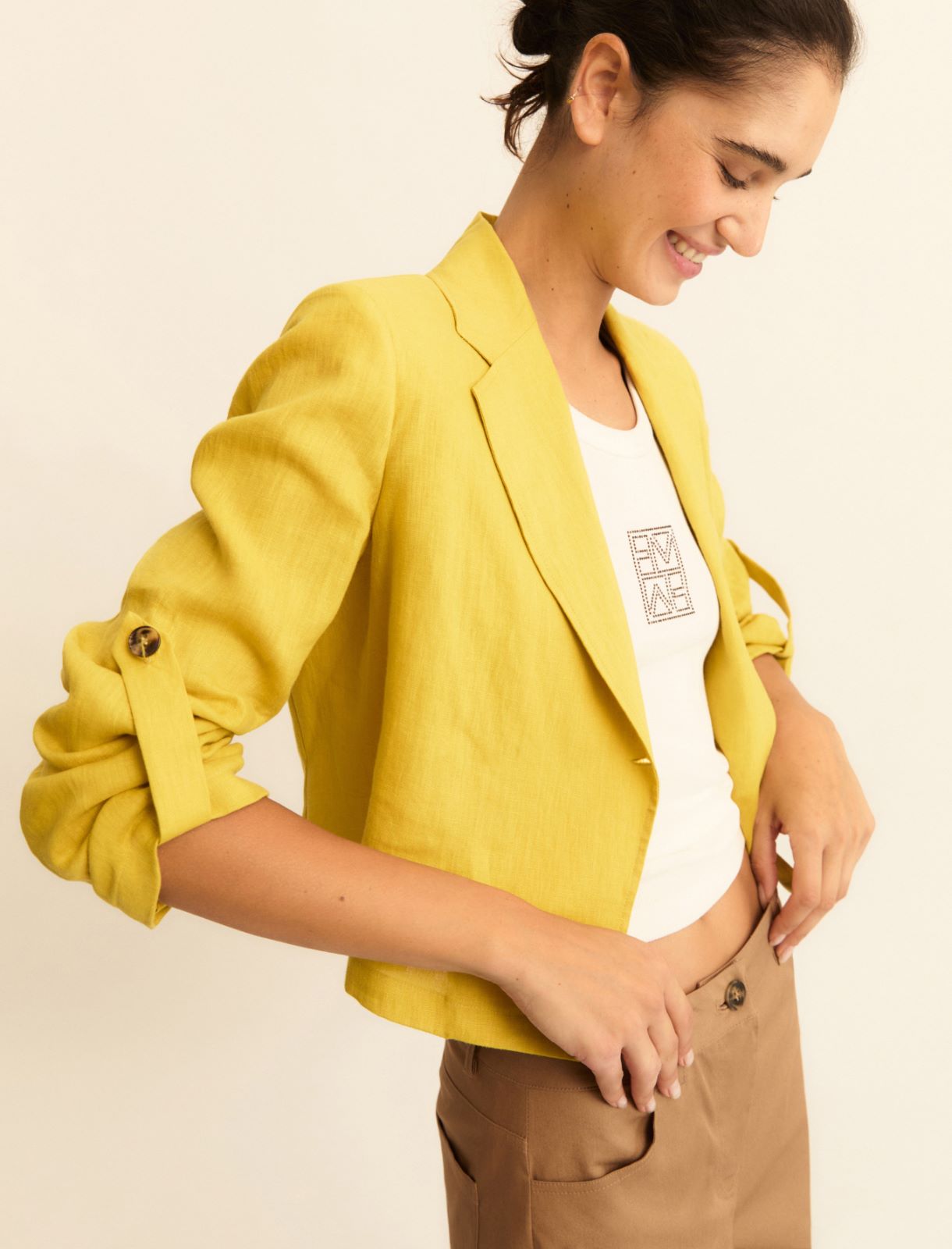 Linen roll-up-sleeve blazer - MUSTARD - Emme - 5