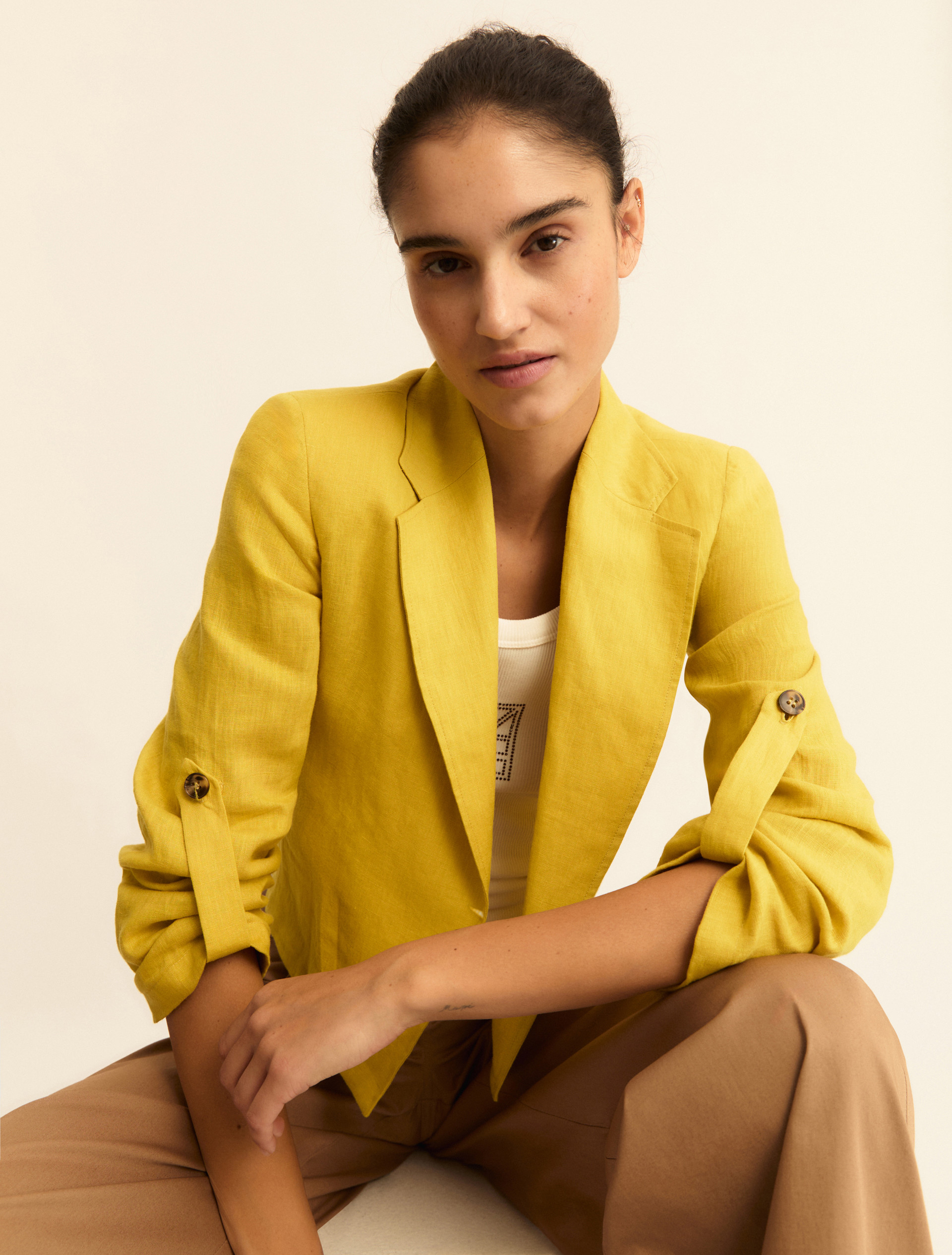 Linen roll-up-sleeve blazer - MUSTARD - Emme - 1