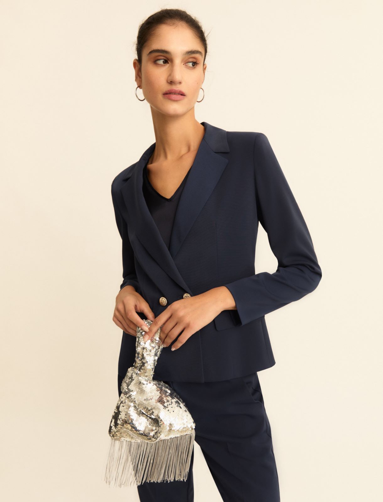 Double-breasted stretch faille blazer - NAVY - Emme
