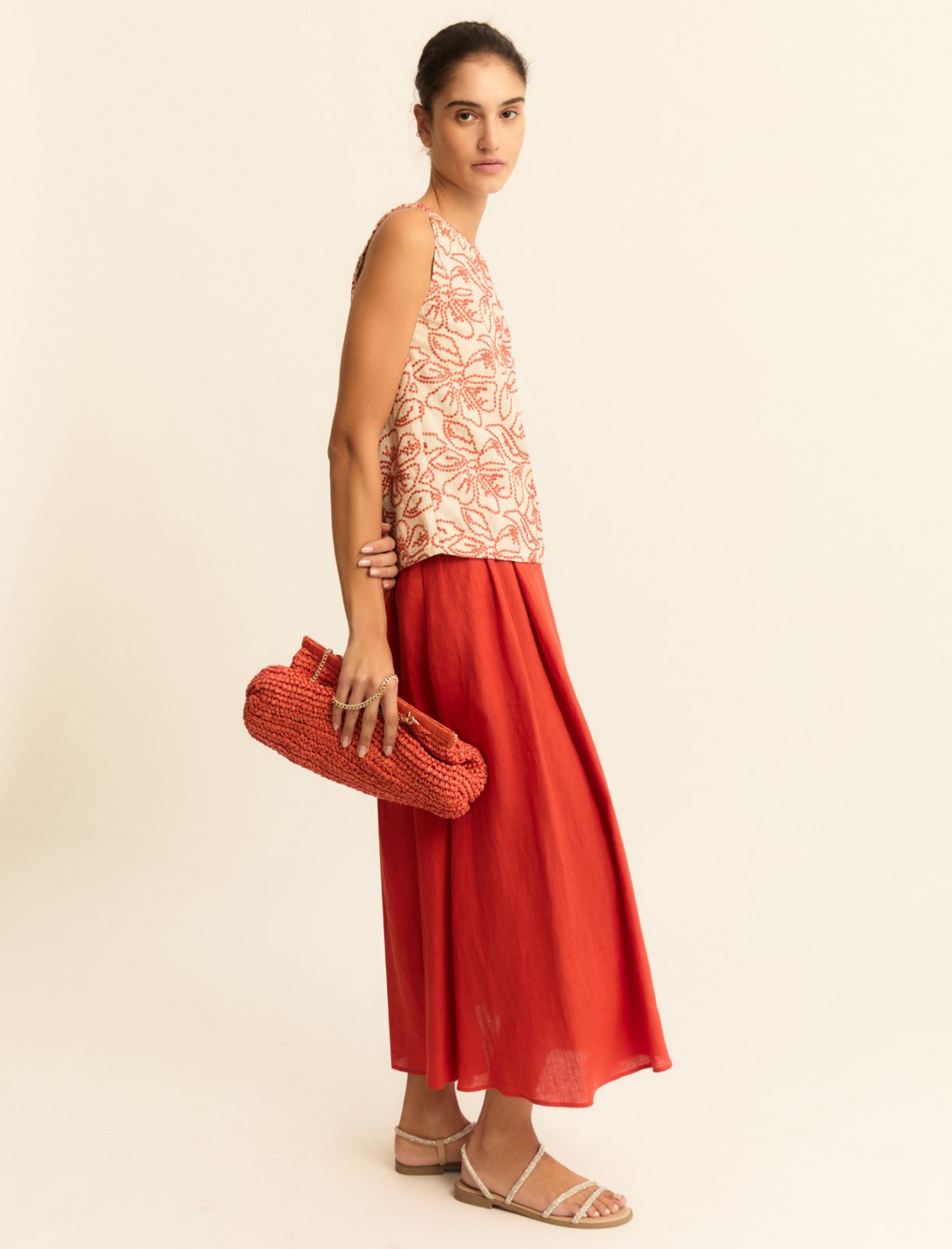 Pleated linen skirt - GERANIUM RED - Emme