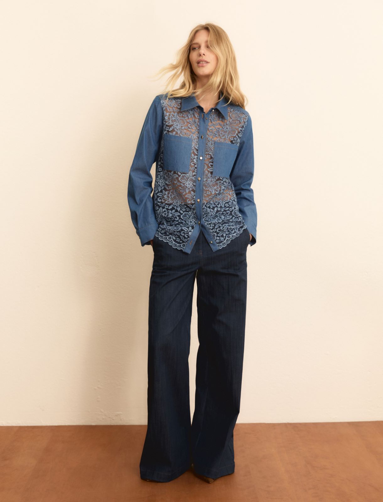 Camicia con davanti in pizzo - BLU - Emme - 2