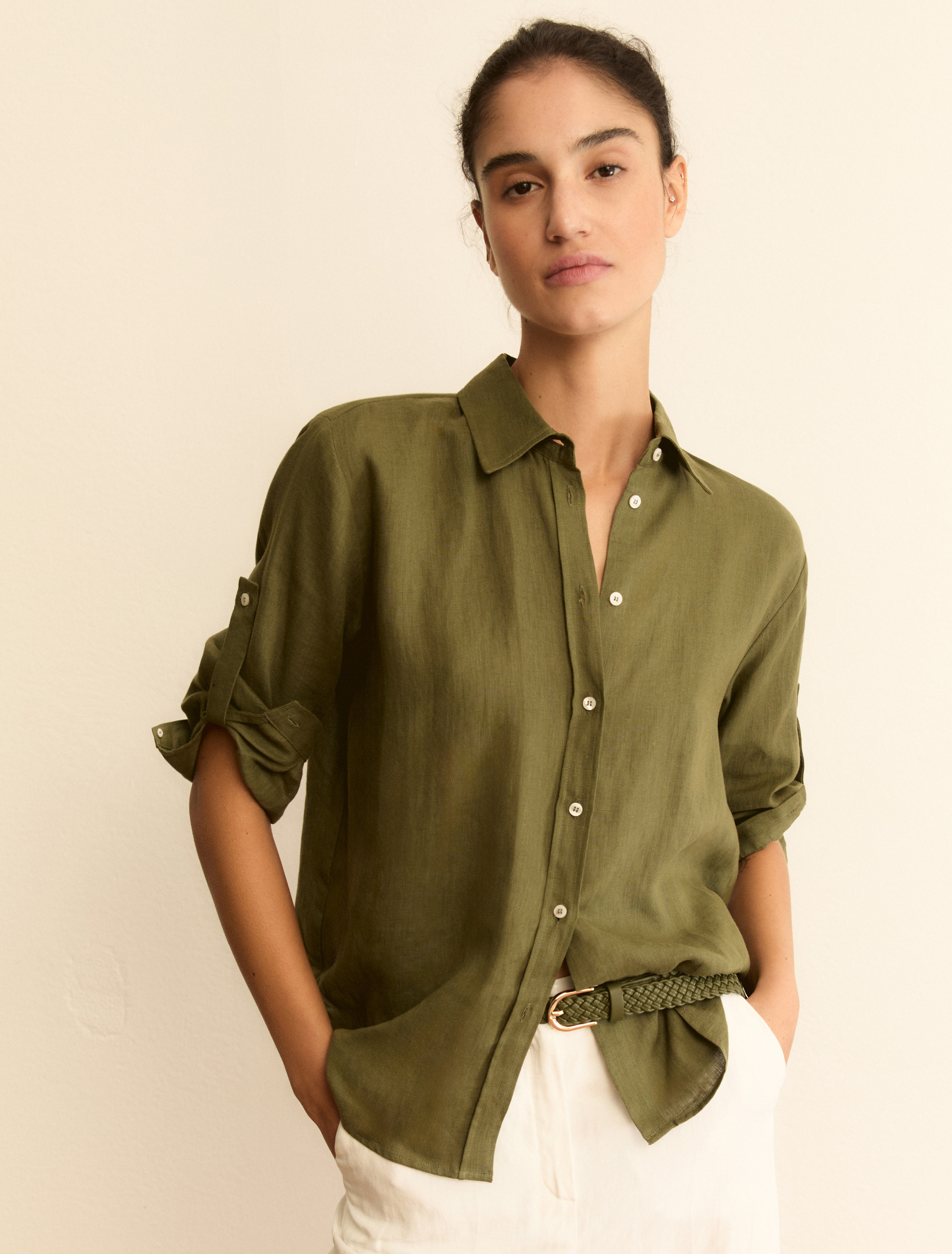 Pure linen canvas shirt - MILITARY GREEN - Emme - 1