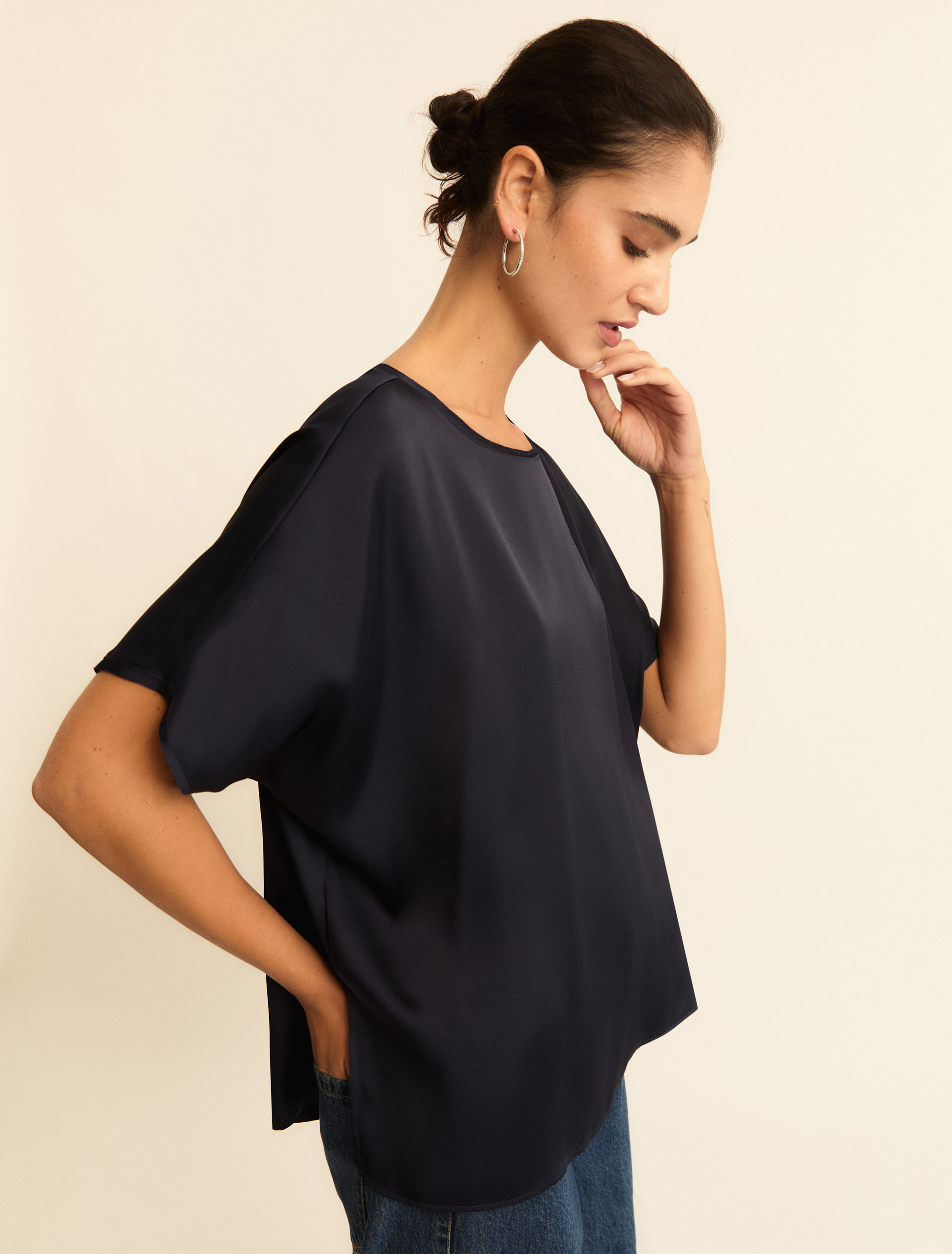 Oversized satin T-shirt - NAVY - Emme - 4