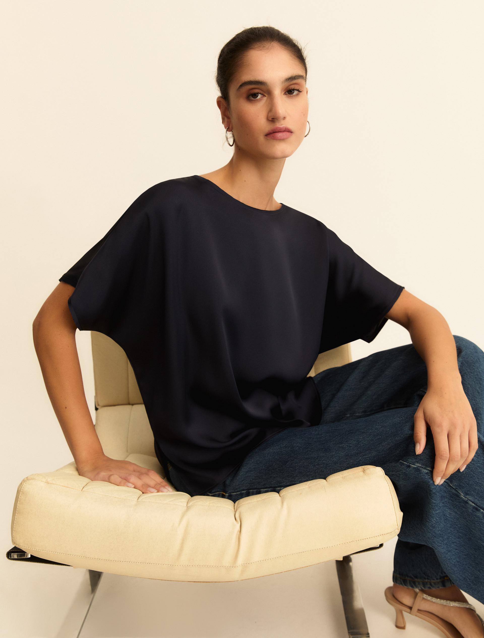 Oversized satin T-shirt - NAVY - Emme - 1