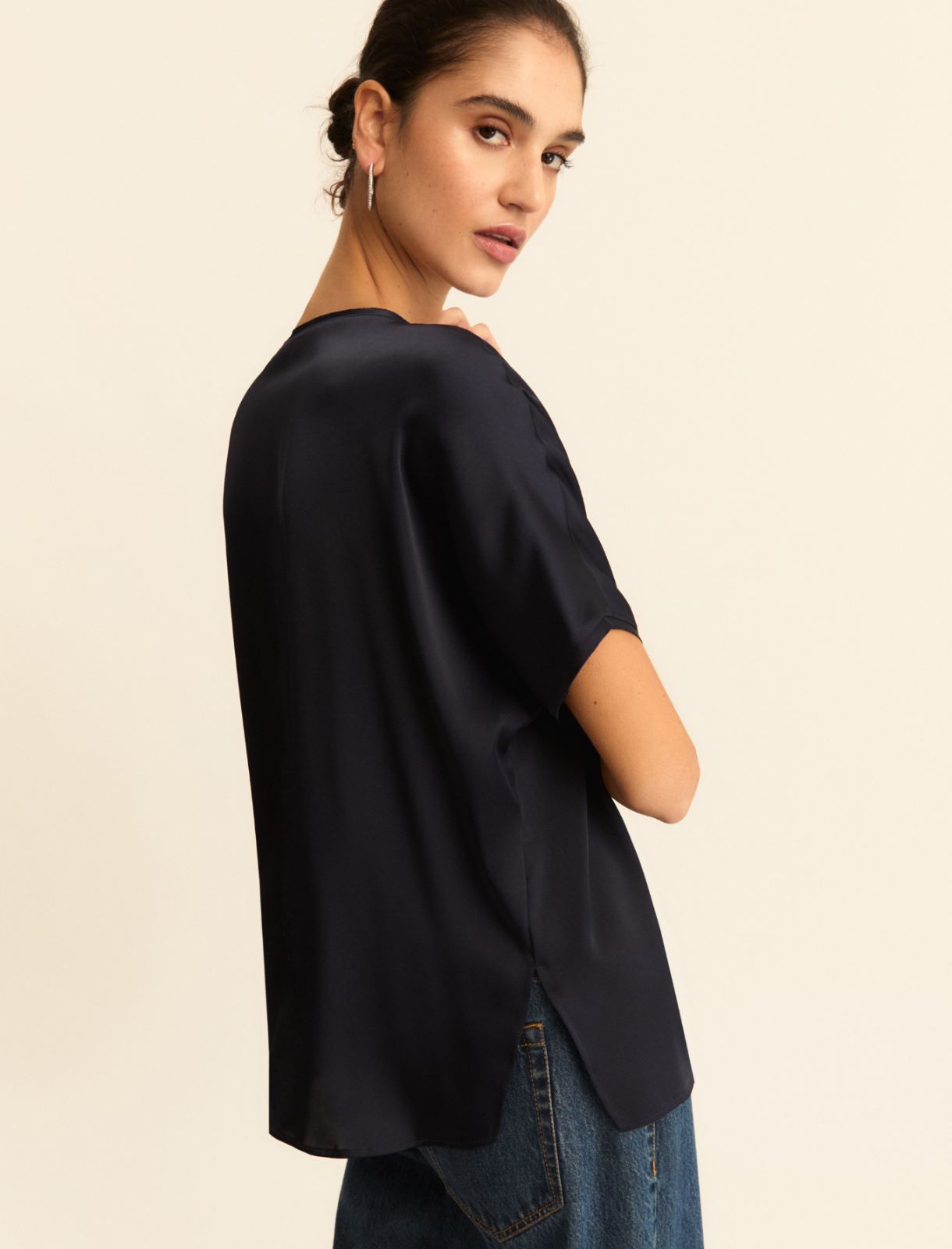 Oversized satin T-shirt - NAVY - Emme - 5
