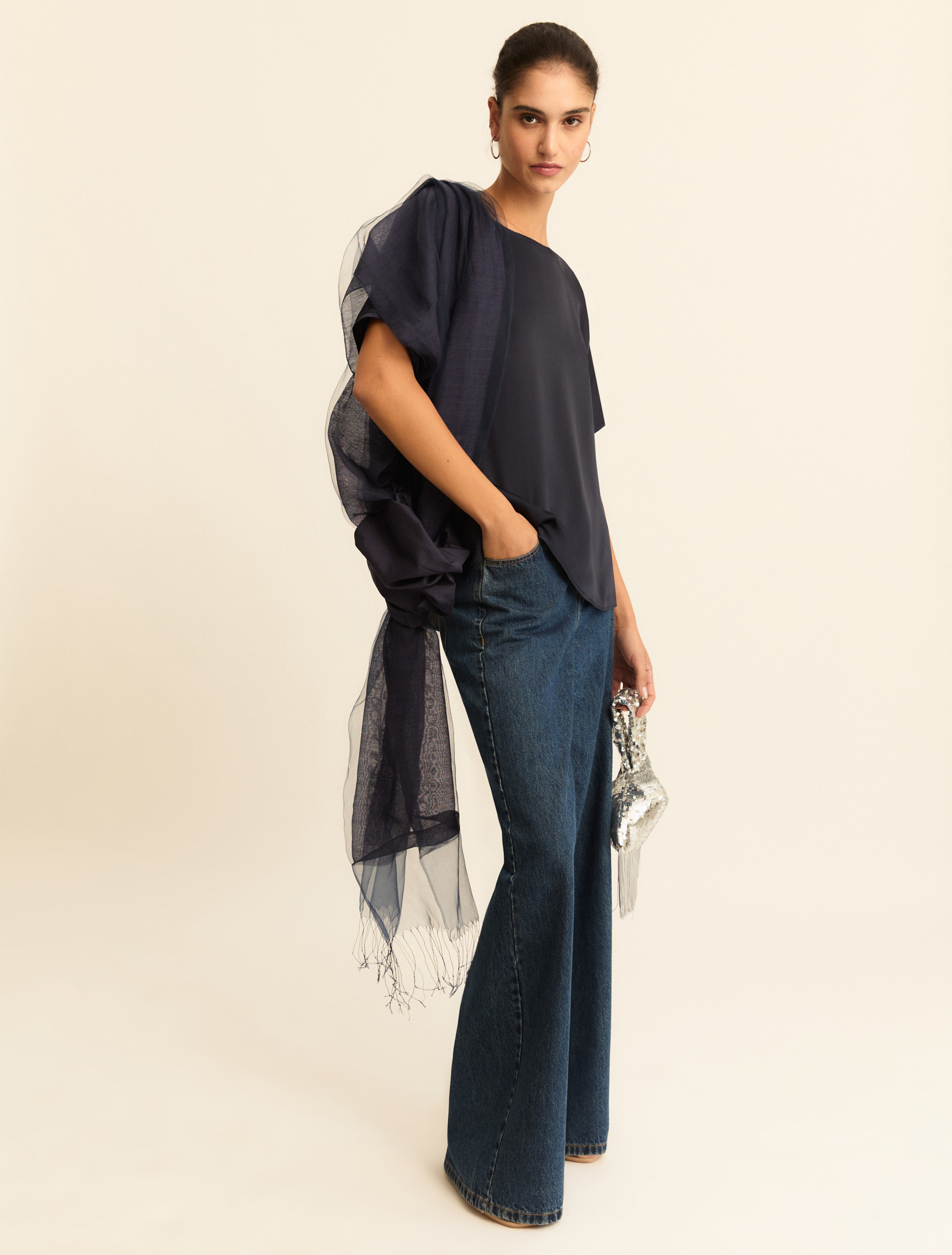 Oversized satin T-shirt - NAVY - Emme - 2