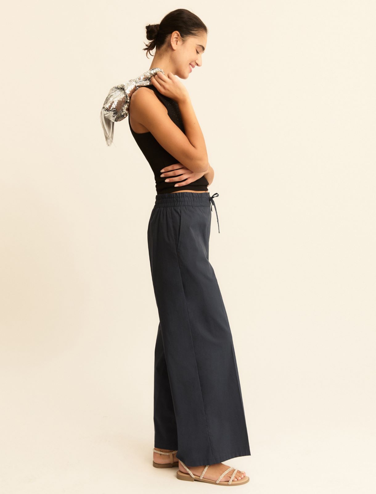 Pantalone ampio wide leg in popeline - NAVY - Emme