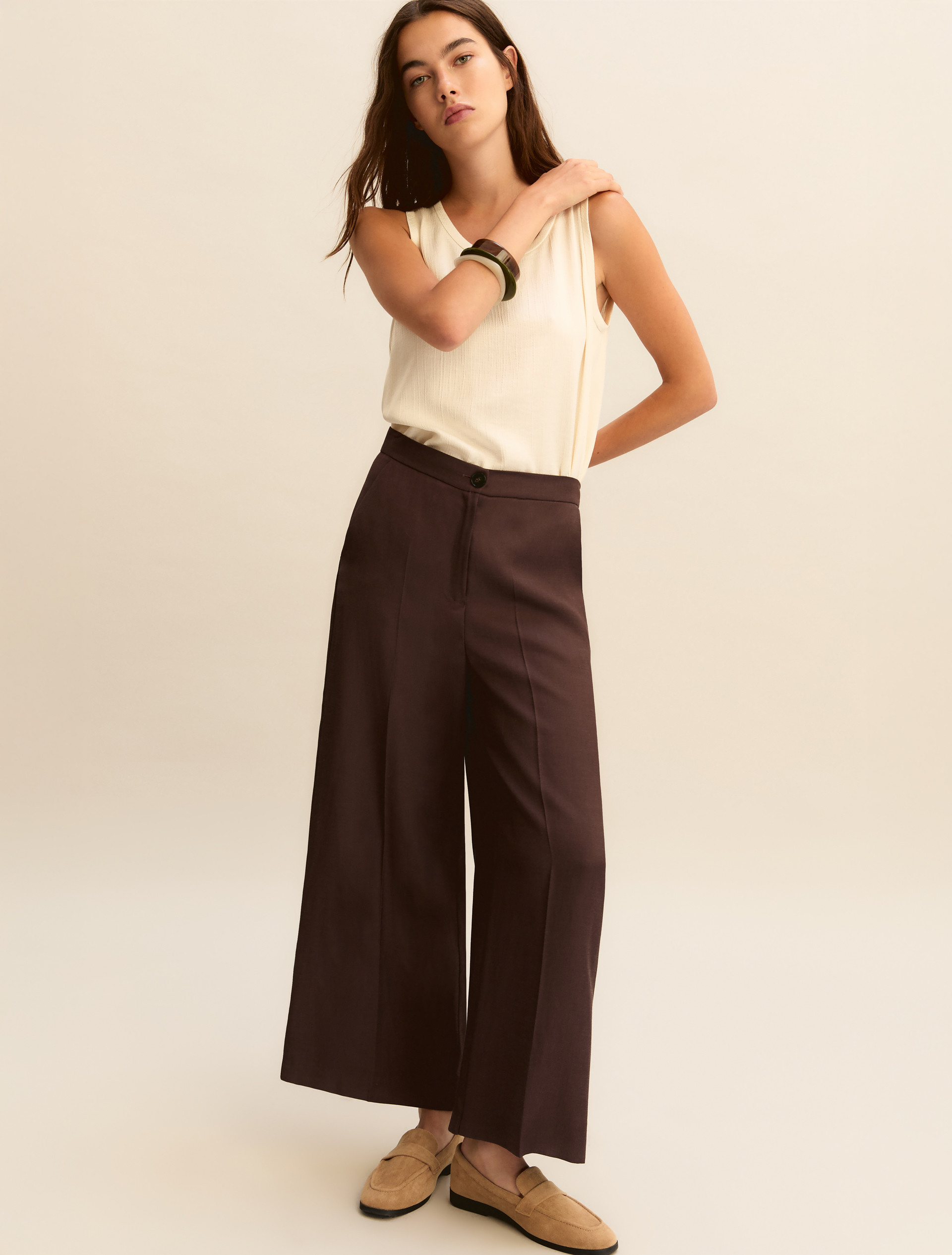 Straight-fit linen-blend twill trousers - DARK BROWN - Emme - 1