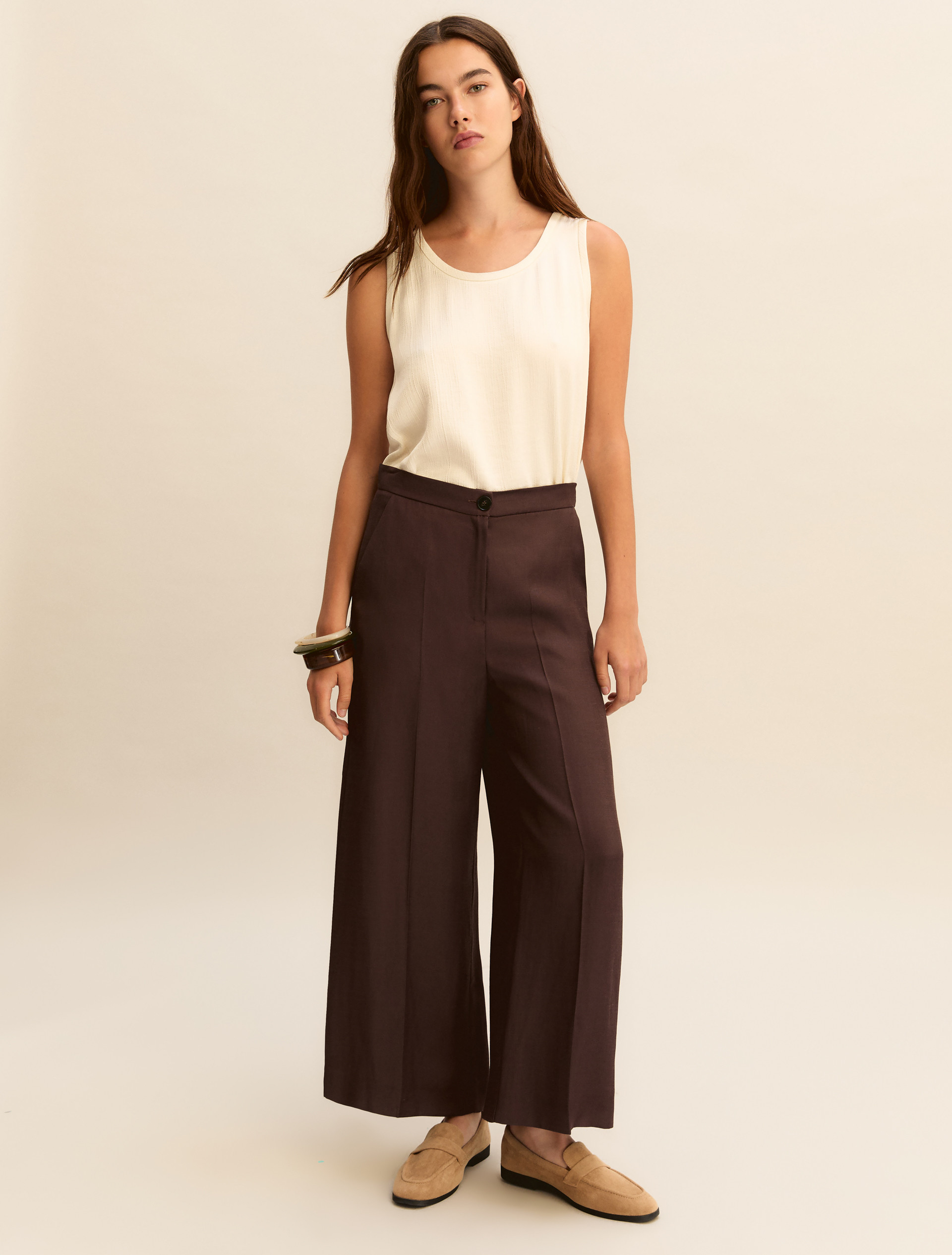 Straight-fit linen-blend twill trousers - DARK BROWN - Emme - 2