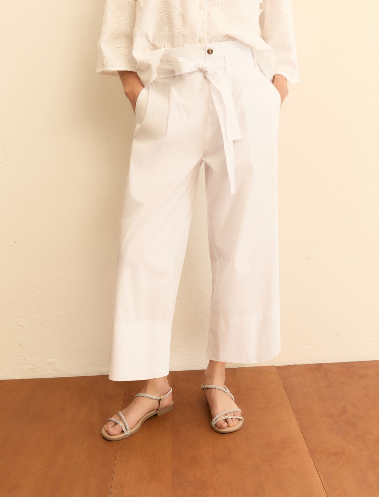 Belted poplin trousers - WHITE - Emme - 5