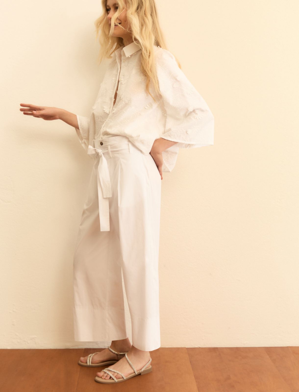 Belted poplin trousers - WHITE - Emme