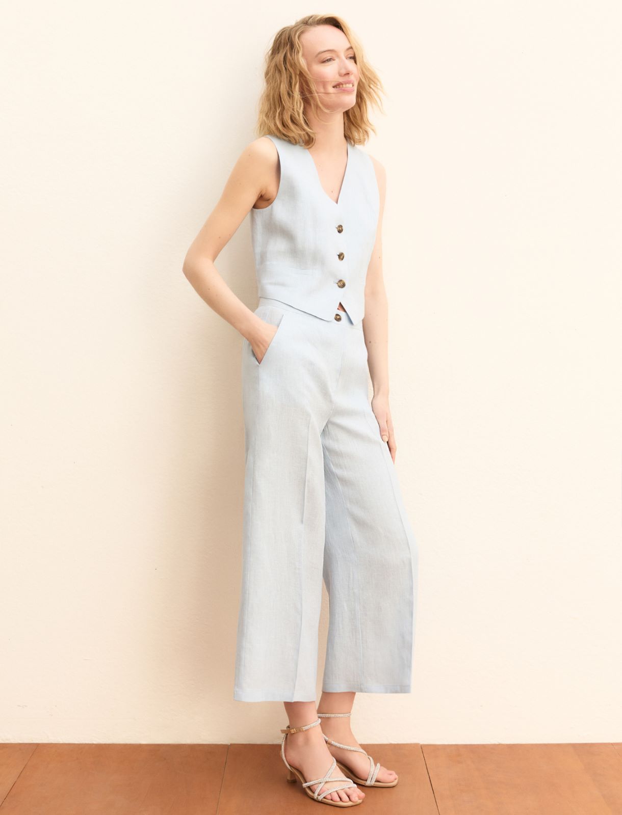 Pantalone dritto in lino - AZZURRO - Emme