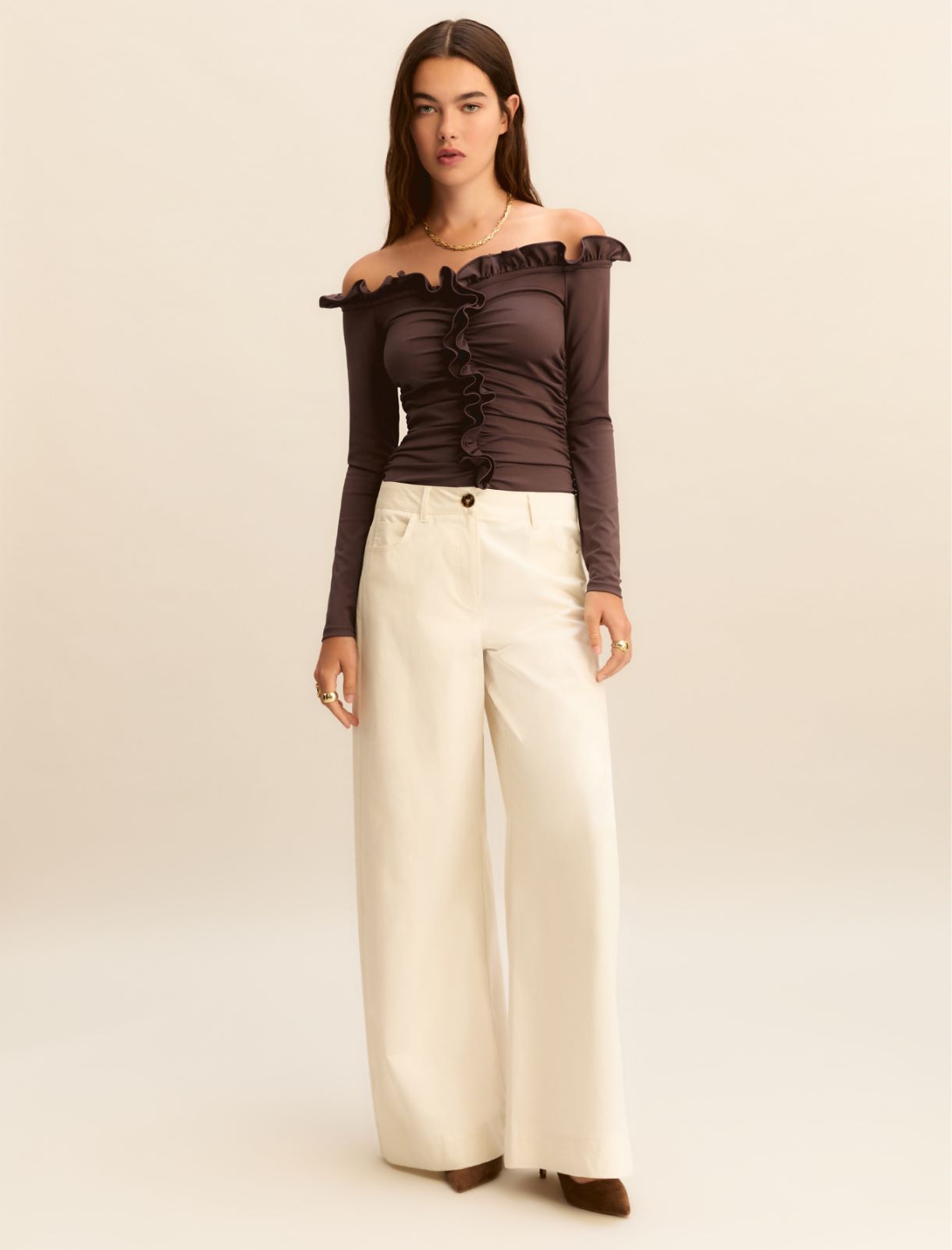 Wide-fit stretch satin 5-pocket trousers - WOOL WHITE - Emme - 3
