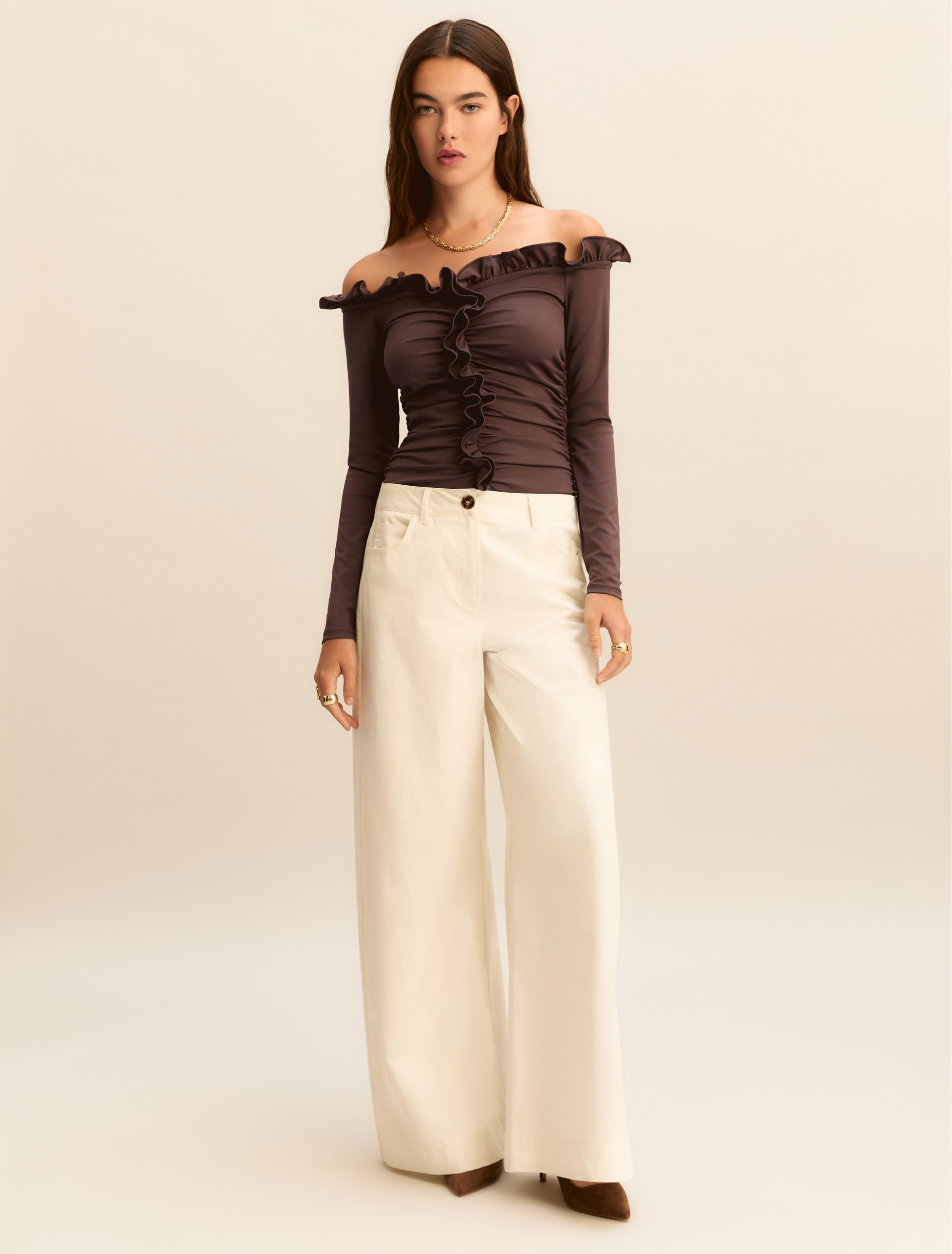 Wide-fit stretch satin 5-pocket trousers - WOOL WHITE - Emme - 2