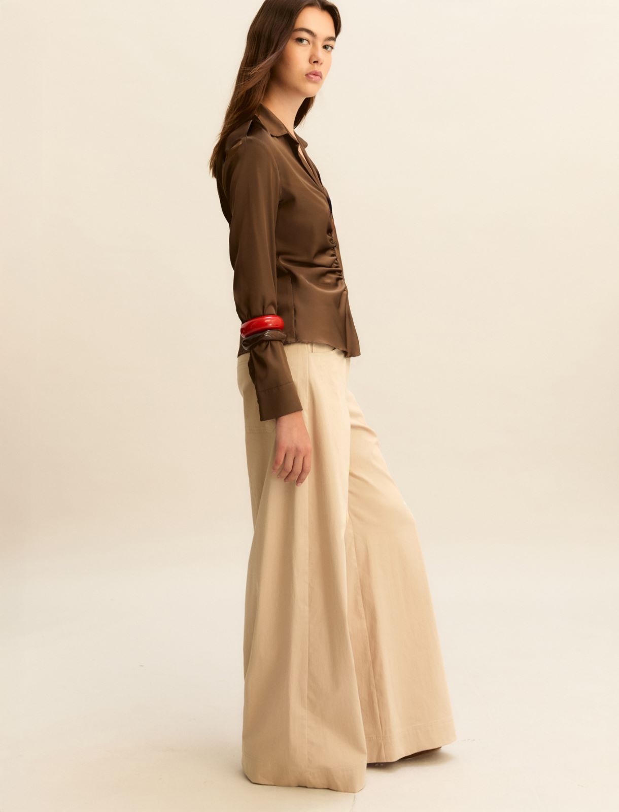 Wide-fit stretch satin 5-pocket trousers - BEIGE - Emme