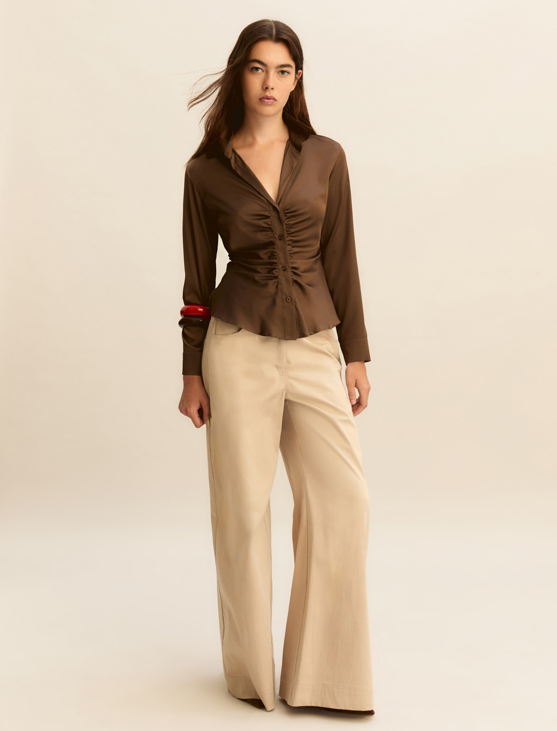 Wide-fit stretch satin 5-pocket trousers - BEIGE - Emme - 2