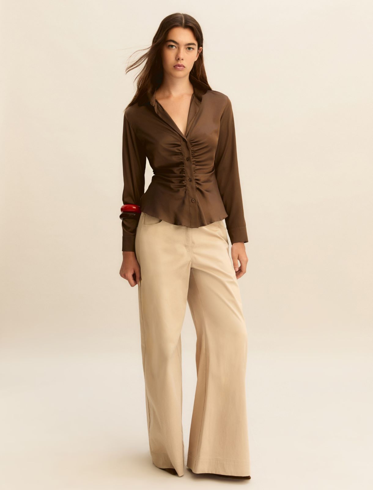 Wide-fit stretch satin 5-pocket trousers - BEIGE - Emme - 2