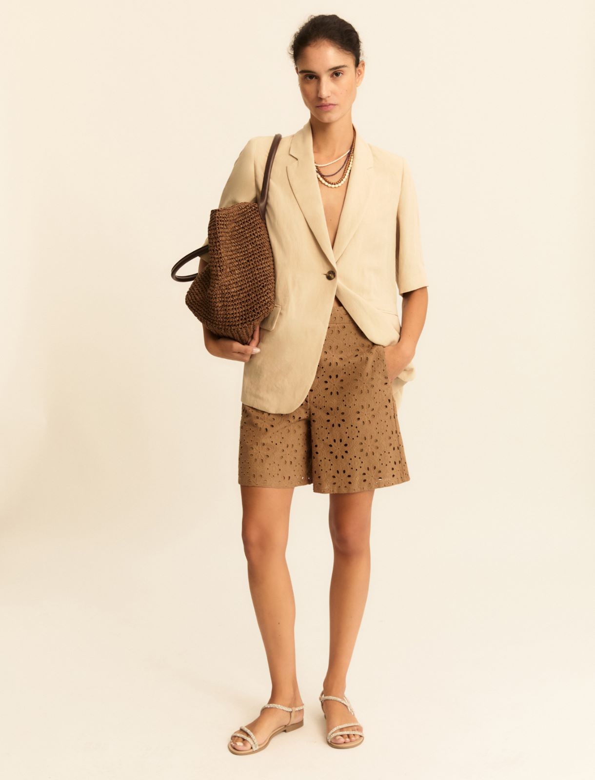 Broderie anglaise muslin Bermuda shorts - CAMEL - Emme - 2