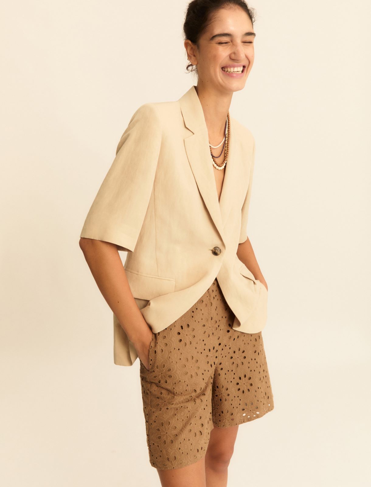 Broderie anglaise muslin Bermuda shorts - CAMEL - Emme - 5