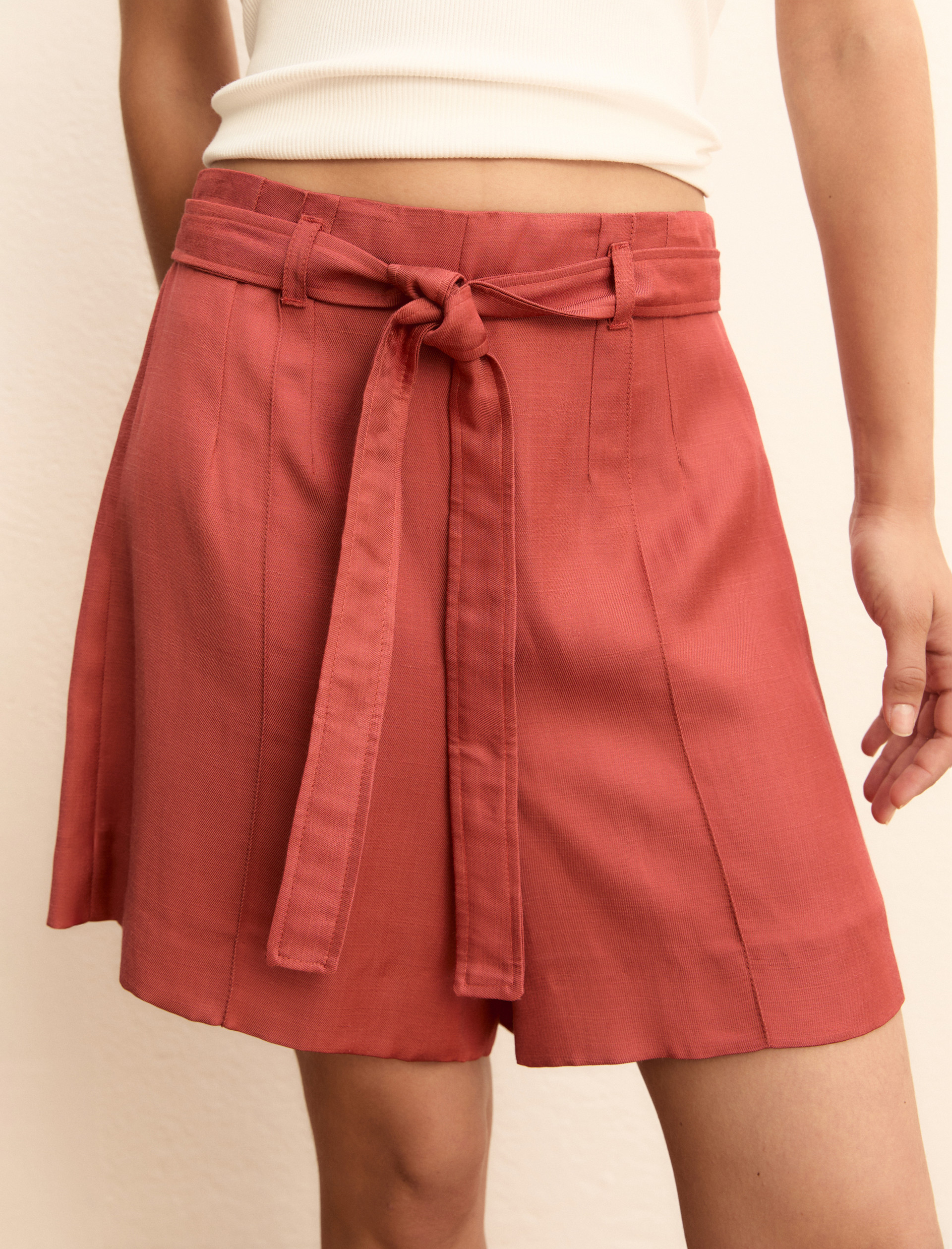 Linen-blend twill Bermuda shorts - CHERRY - Emme - 5