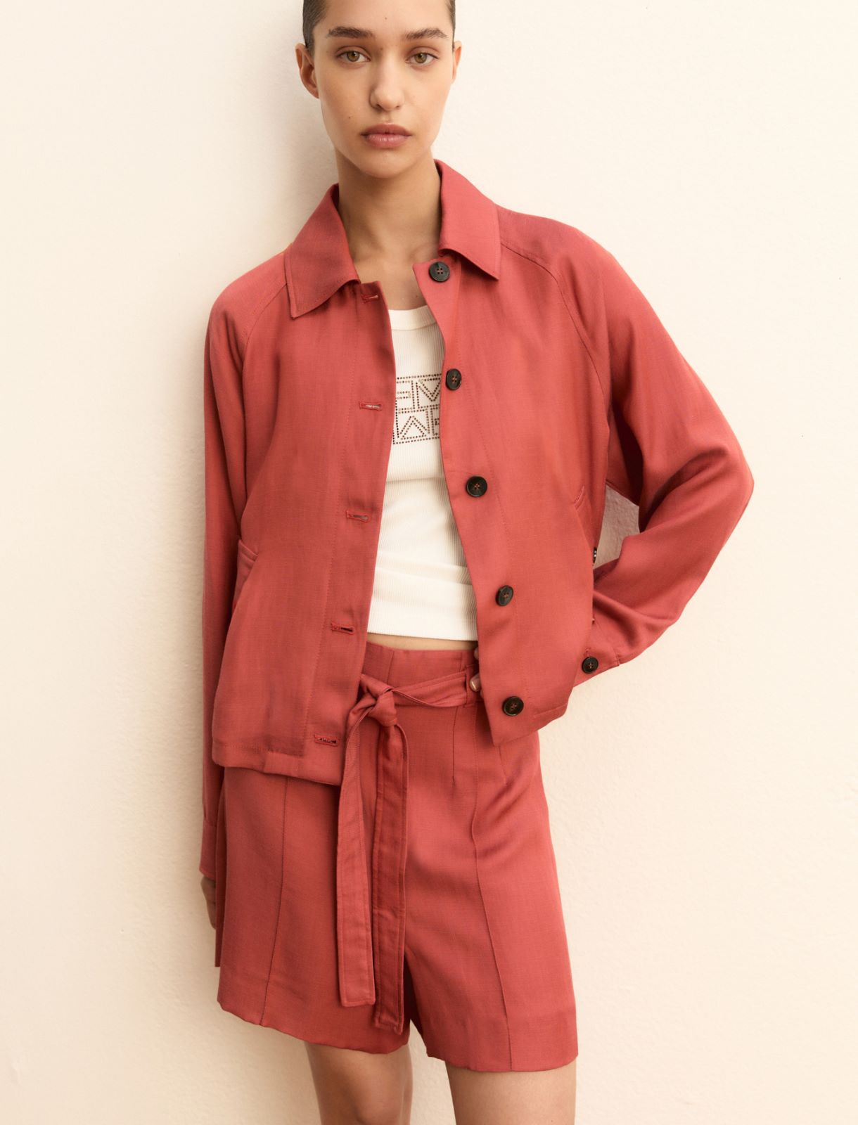 Linen-blend twill Bermuda shorts - CHERRY - Emme