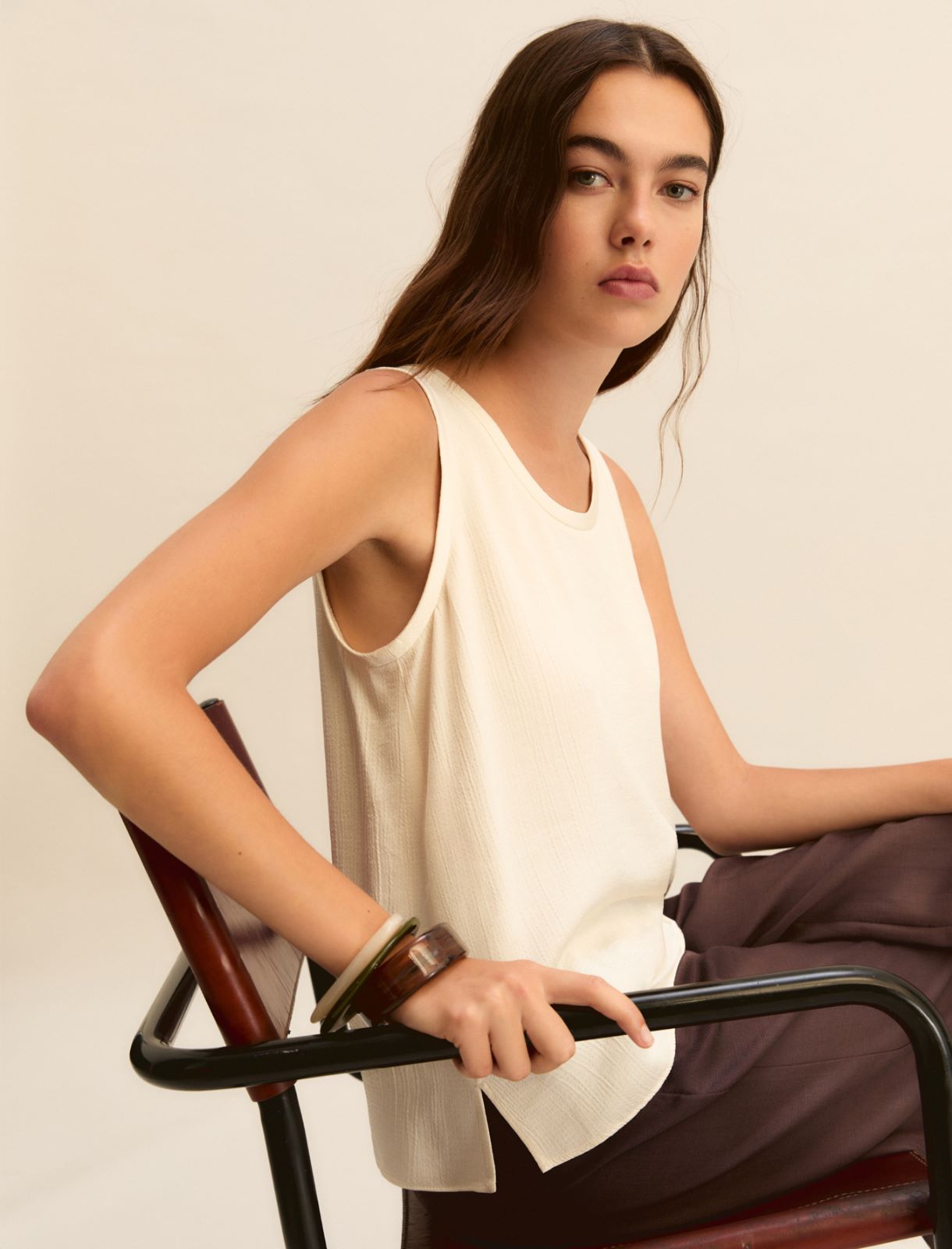 Sleeveless viscose acetate top - WOOL WHITE - Emme