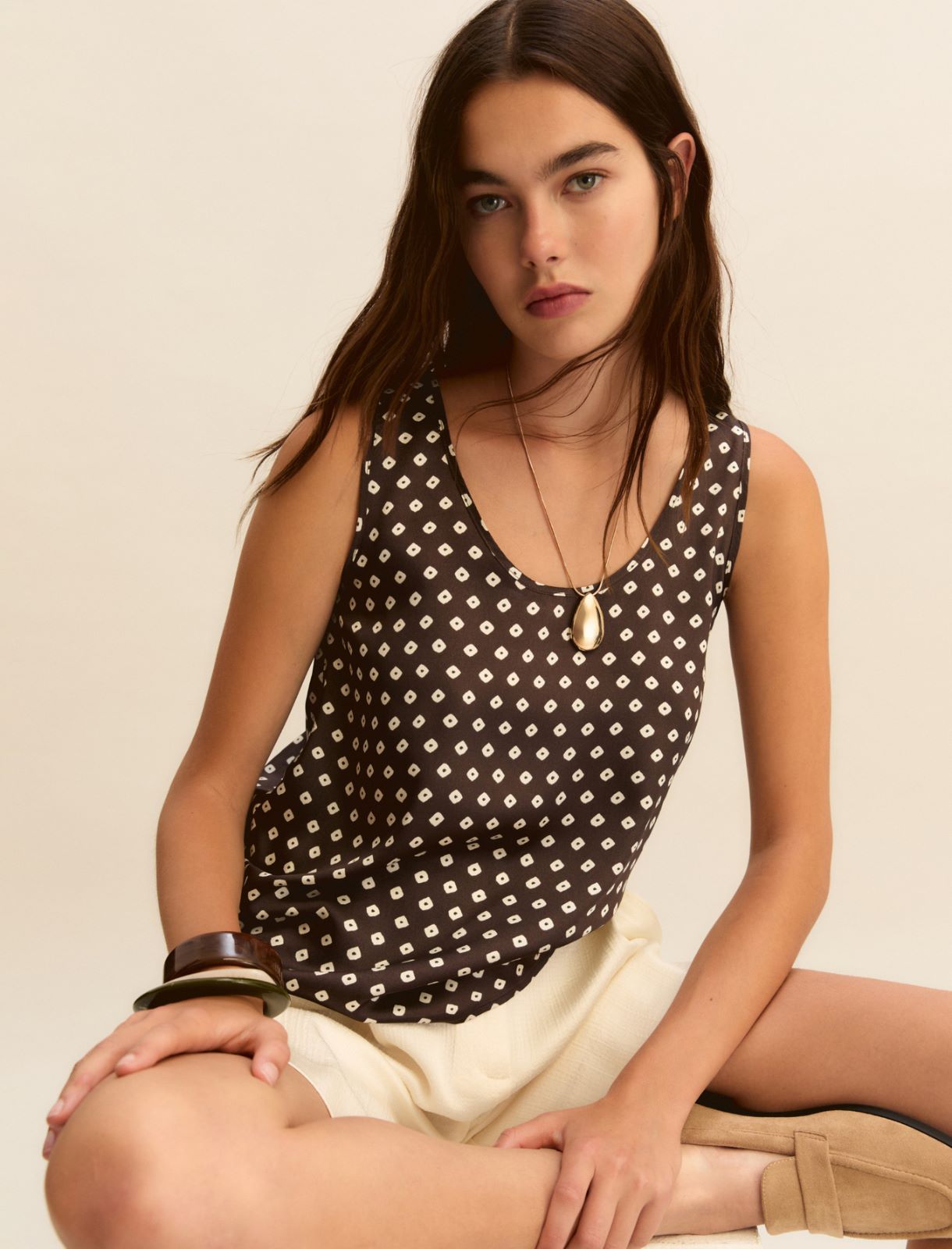 Printed twill vest top - KAKI - Emme