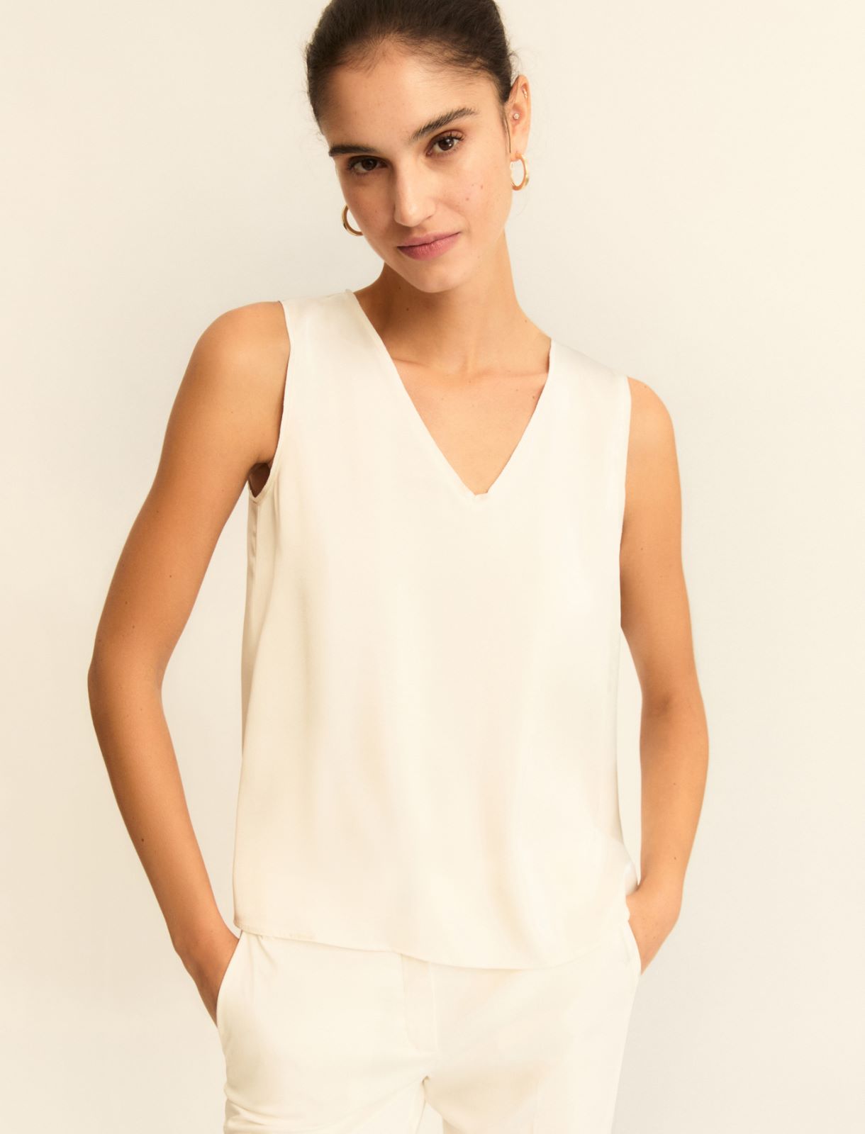 Satin top with georgette details - WOOL WHITE - Emme - 4