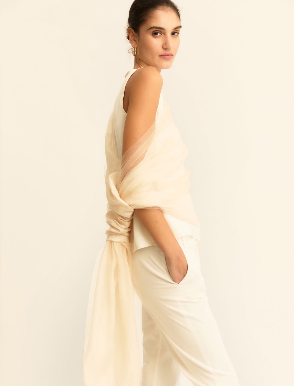 Satin top with georgette details - WOOL WHITE - Emme - 6