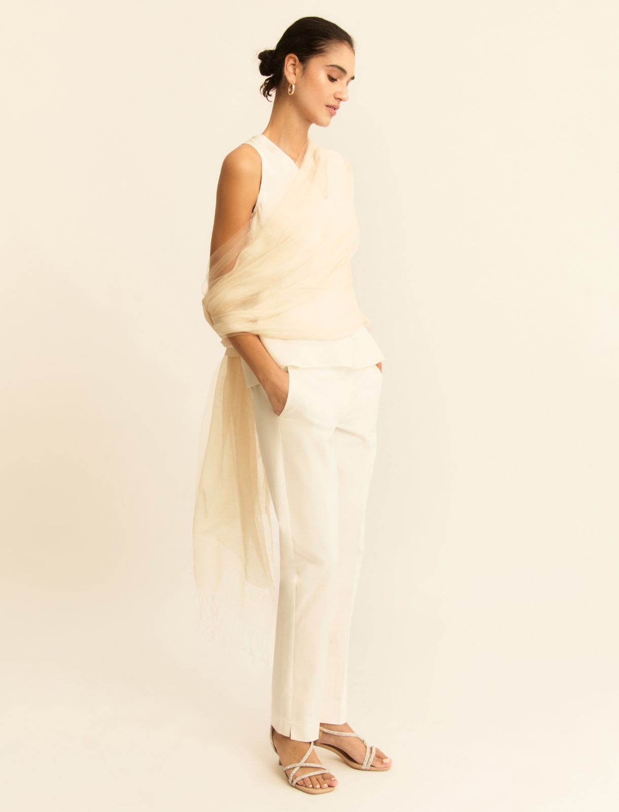 Satin top with georgette details - WOOL WHITE - Emme - 2