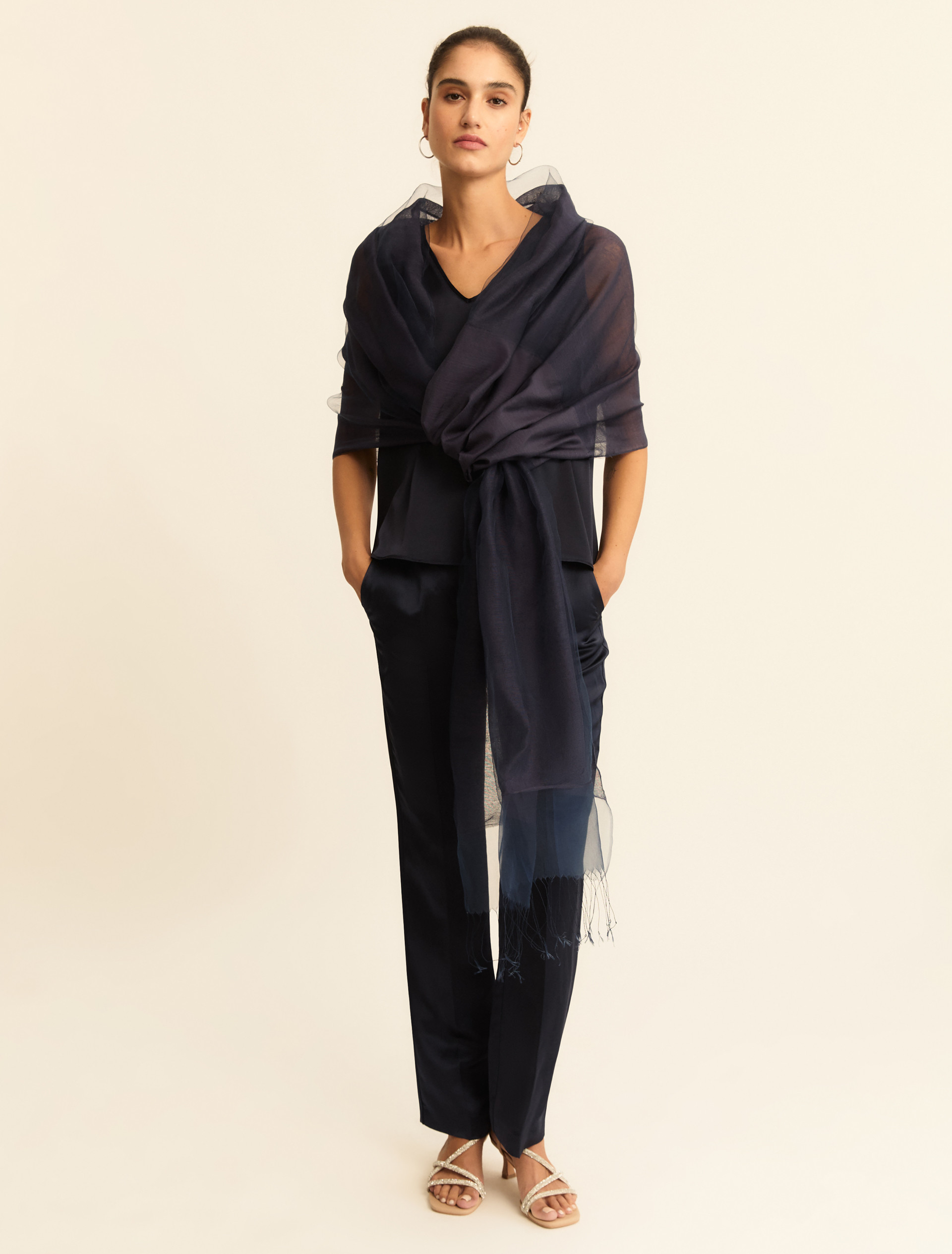 Satin top with georgette details - NAVY - Emme - 2