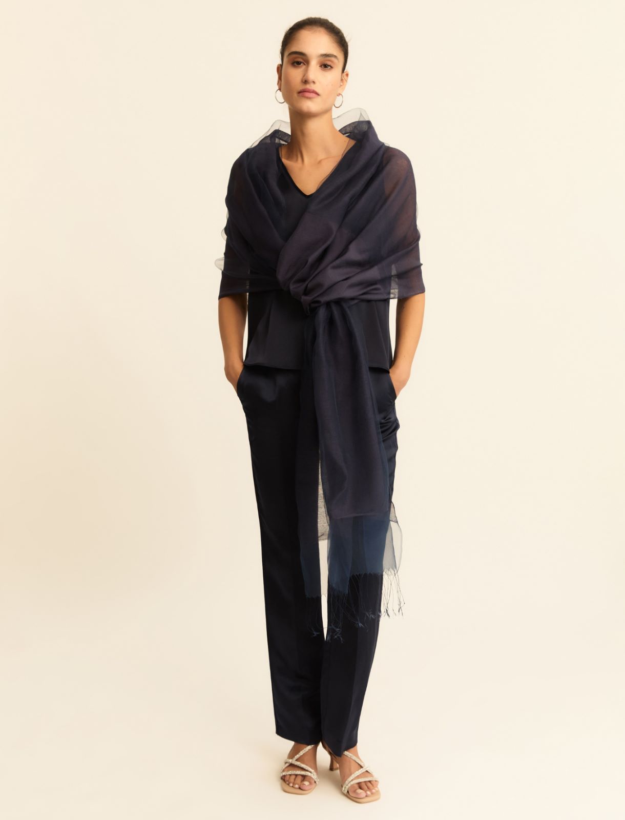 Satin top with georgette details - NAVY - Emme - 2