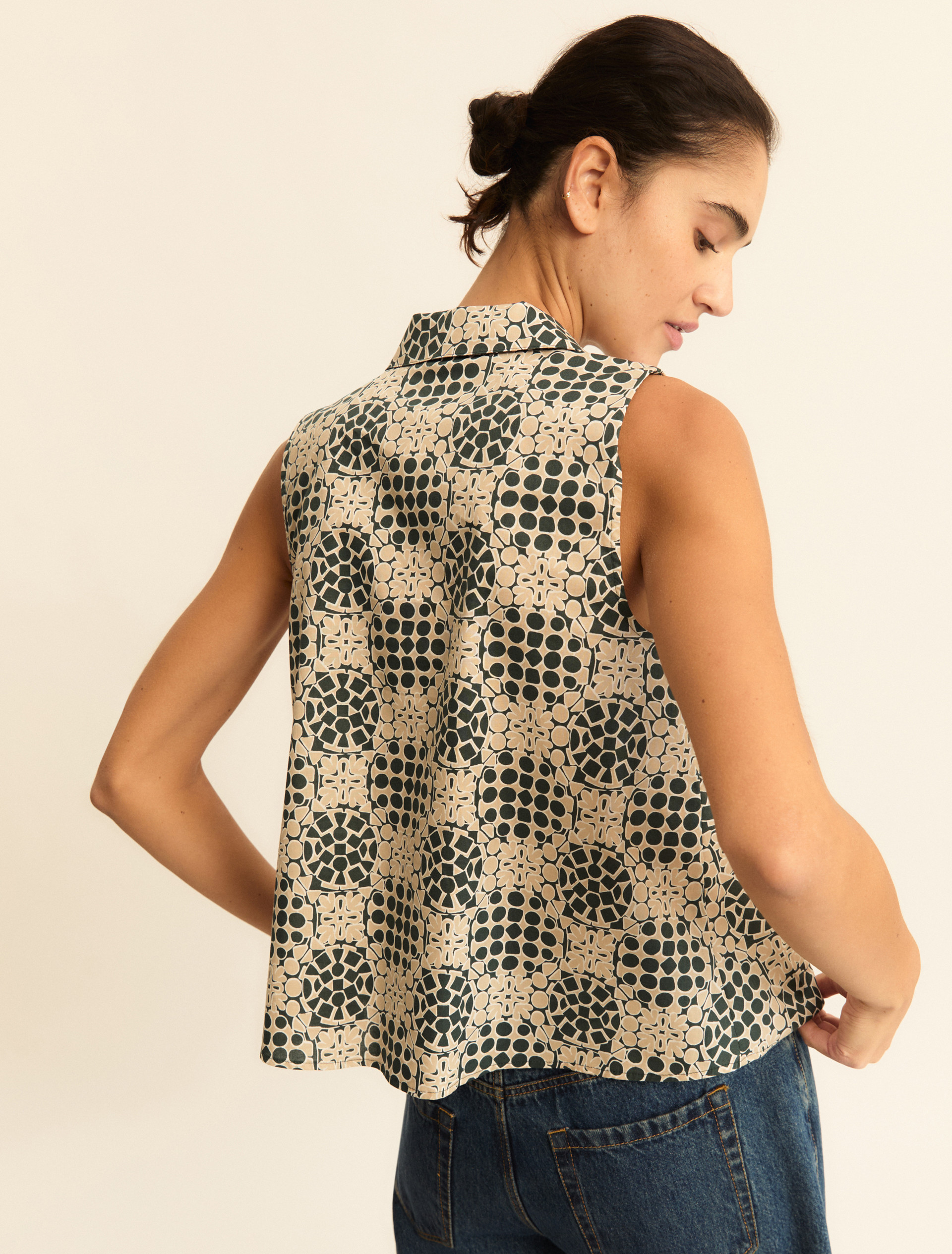 Sleeveless printed poplin shirt - DARK GREEN - Emme - 3