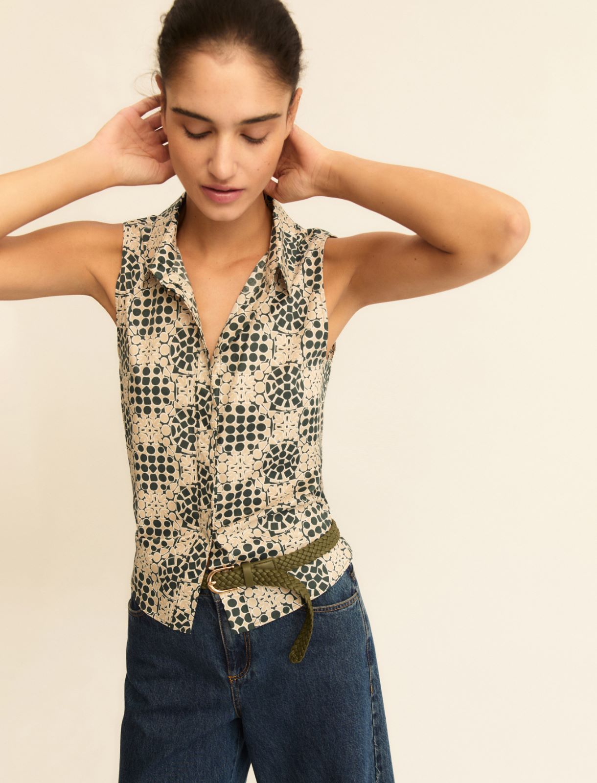 Sleeveless printed poplin shirt - DARK GREEN - Emme