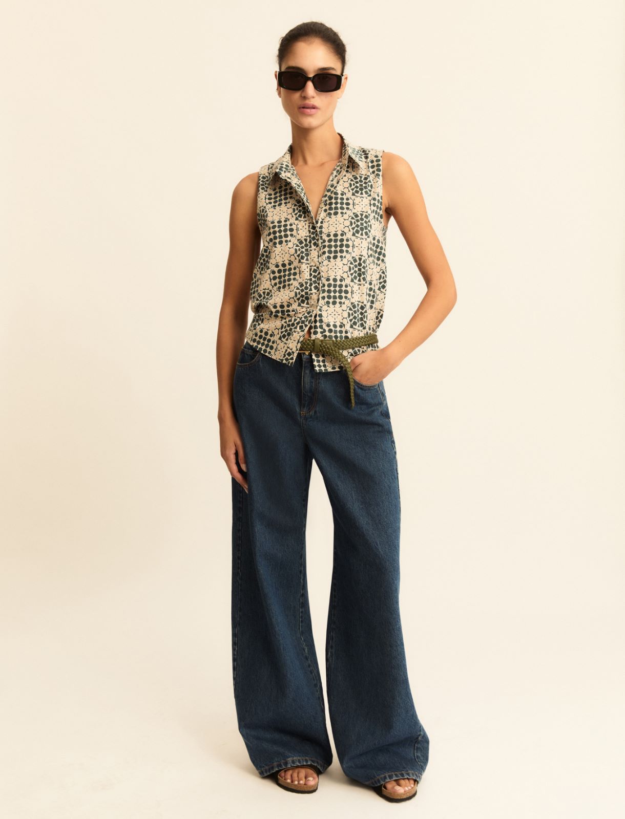 Sleeveless printed poplin shirt - DARK GREEN - Emme - 2